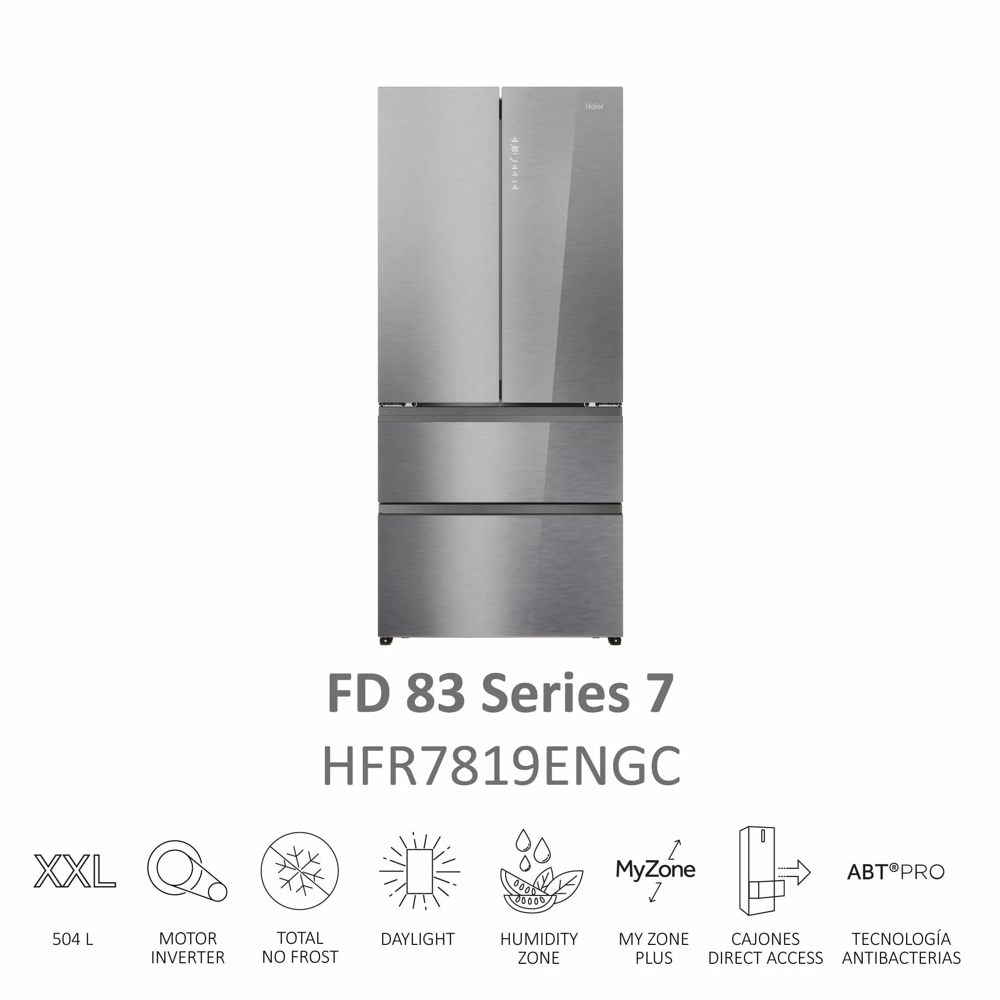 Haier FD 83 Series 7 HFR7819ENGC - Frigorífico Puerta Francesa, 504L, Cajones Direct Access, AirFlow, WIFI, Motor Inverter, Humidity Zone, Total No Frost, Ancho 83cm, Daylight, Glass Inox Look