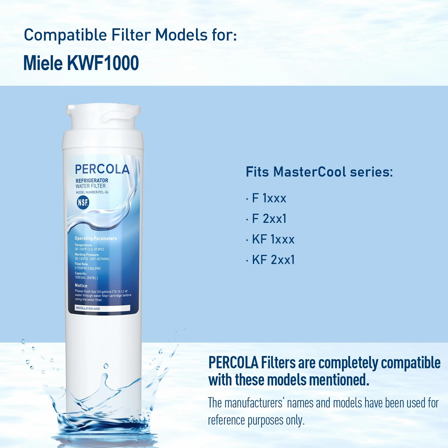 Filtro de agua KWF1000, certificado NSF 42 y 372, paquete de 3 | Filtro de agua transparente intensivo Miele 11513640 KWF1000 para electrodomésticos Master Cool con máquina de hielo