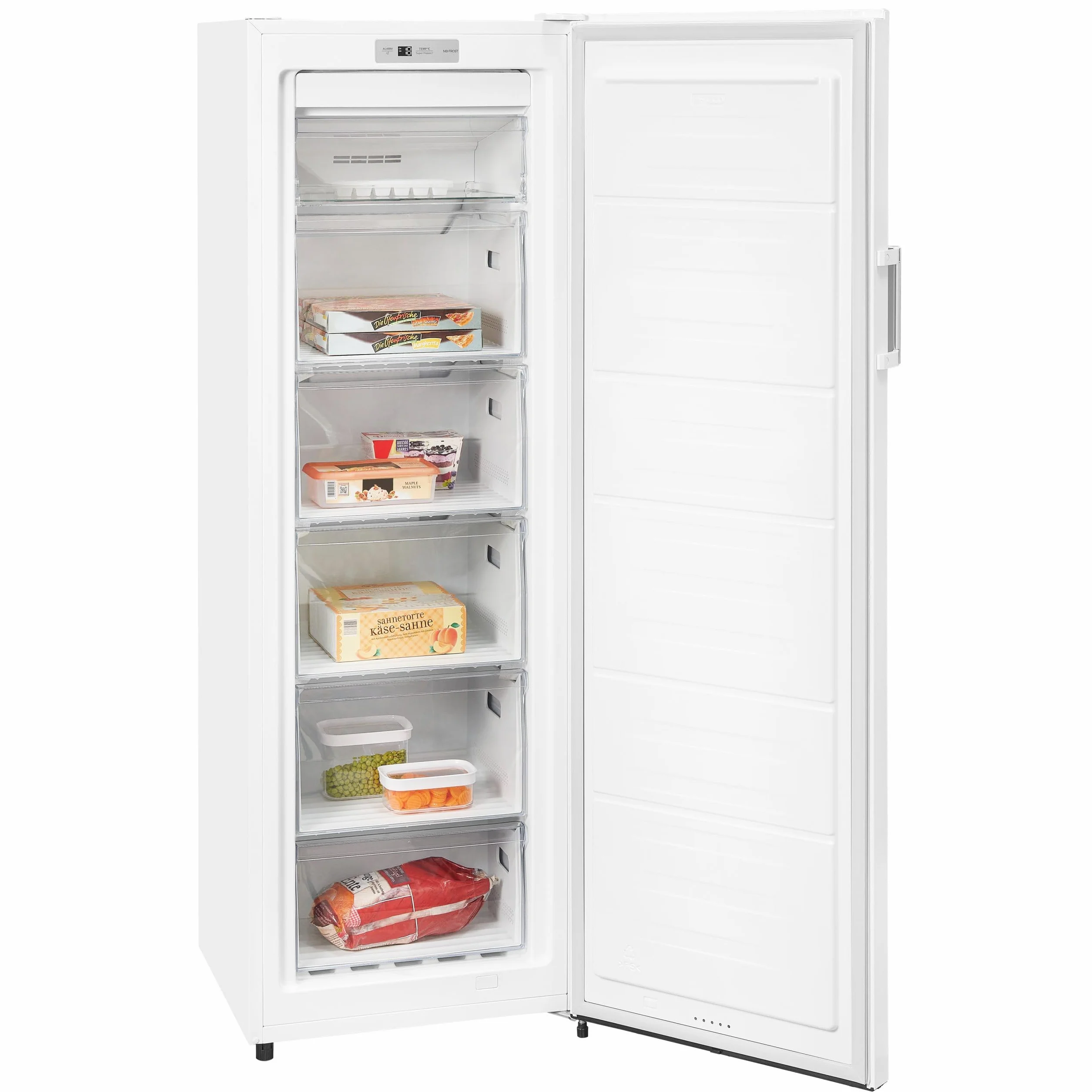 Exquisit® Congelador Vertical, 194L, Clase E, Color Blanco, 1 Puerta, 5 Cestos, Estante de Cristal,Tecnología No-Frost, Cajón XL, Altura Regulable, Consumo 219 kWh/año, Medidas 169,5x56x56,5 Cm.