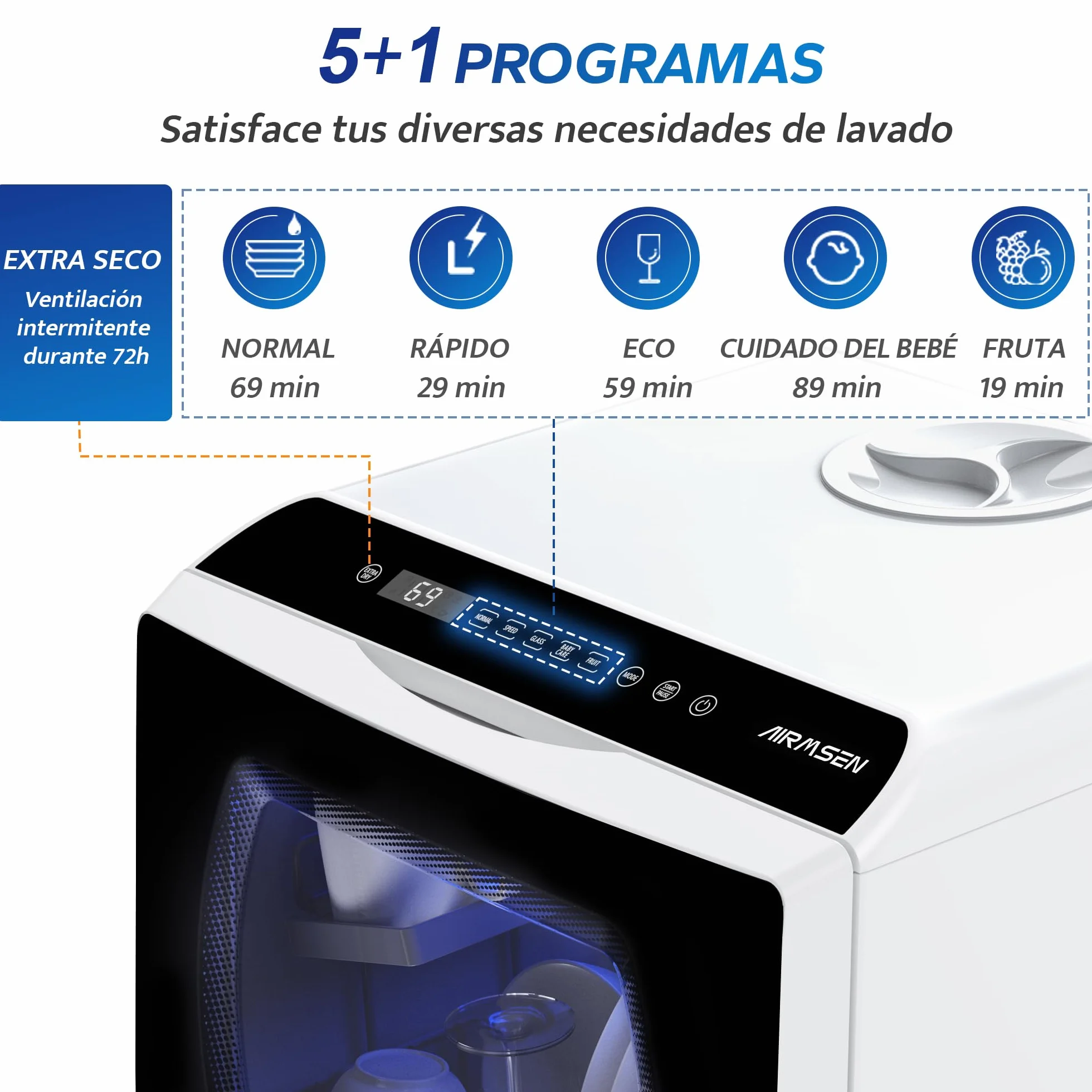 AIRMSEN Mini Lavavajillas de Sobremesa con 5+1 Programas, Depósito de 5 Litros, 2 Formas de Suministro de Agua, Control Táctil y Pantalla LED, Ideal para Cocinas Familiares, Apartamentos y Dormitorios