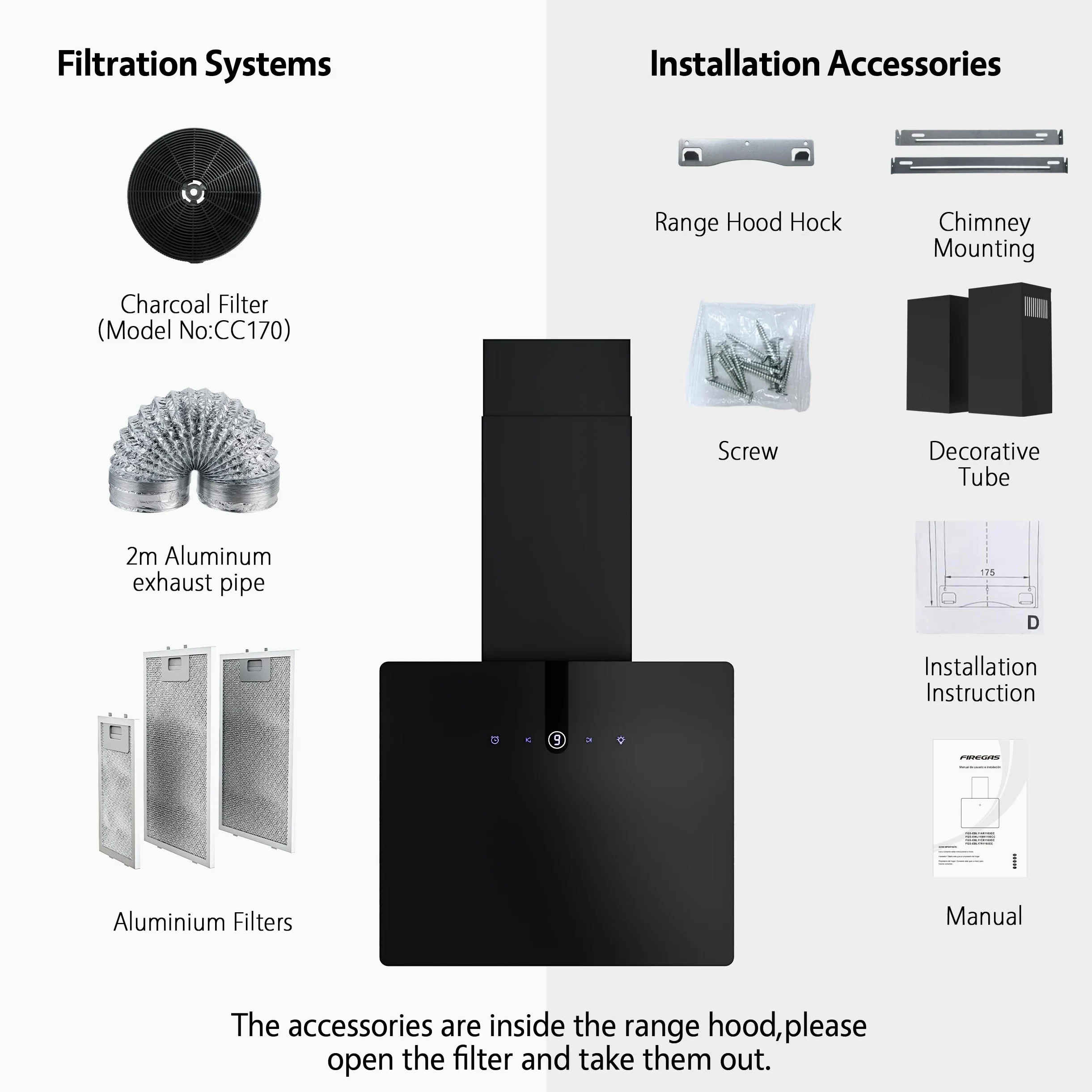FIREGAS Campana Extractora de Pared con LED 60 cm, 487 m³/h, 9 Velocidades, Filtros de Carbón CC170, Ahorro Energético, Con Conducto, Negra