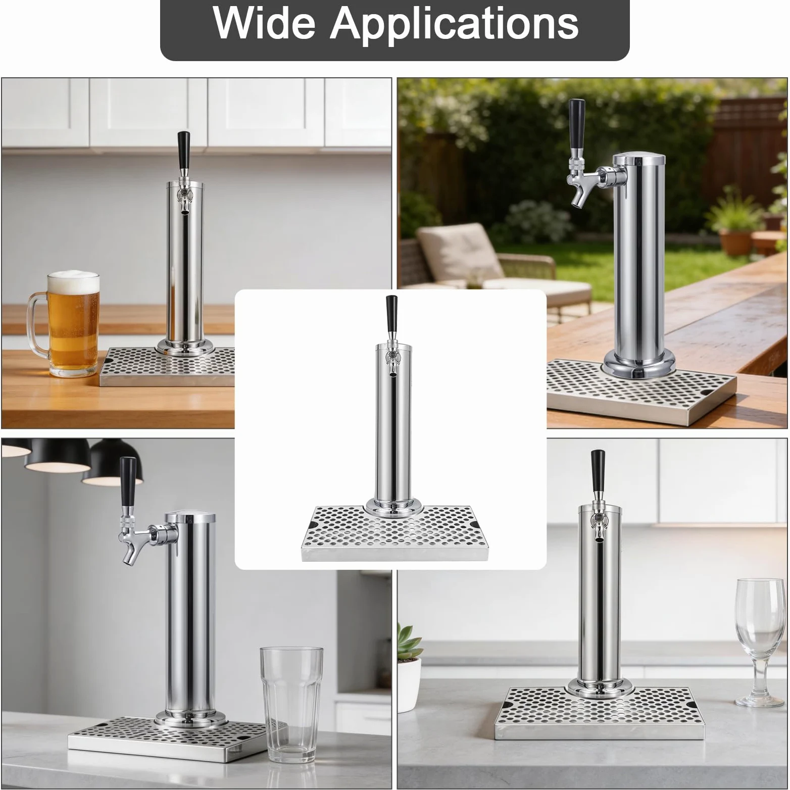 Torre de grifo de cerveza Kegerator de un solo grifo con bandeja de goteo de cerveza de acero inoxidable, torre de barril de cerveza preinstalada con bandeja de goteo de barril de piezas Kegerator