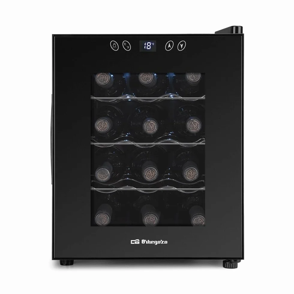 Orbegozo VT 1230 Vinoteca de 12 Botellas Volumen 31 Litros Panel Táctil Pantalla Digital Termostato Regulable 11-18°C Luz LED Interior Silenciosa Estantes Cromados 70W
