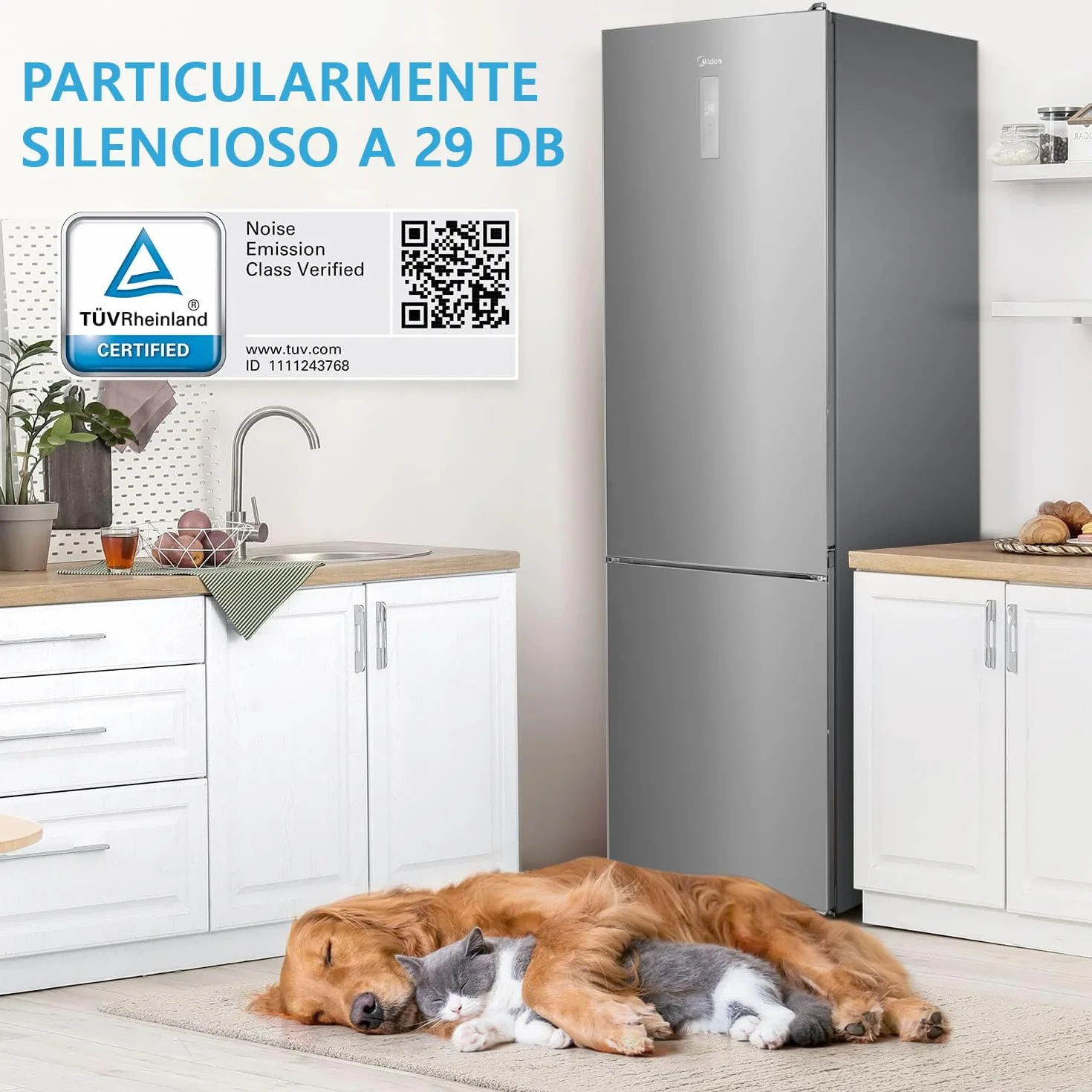Midea Frigorífico Combi No Frost | 59,5 cm ancho x 201 alto cm | Inox | Nevera libre instalación 247 L + 83 L Congelador - Refrigerador de bajo consumo con congelador vertical