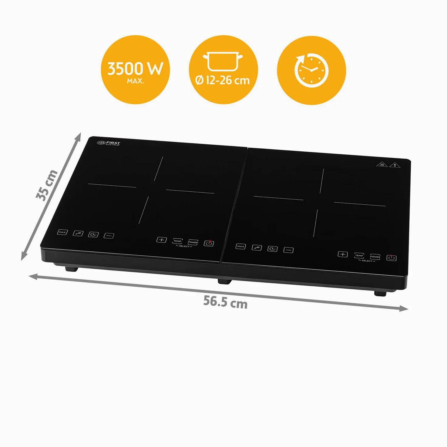 TZS First Austria - Placa de Inducción Doble 3500W - 10 Niveles de Temperatura - Cristal Negro - Hornillo Digital con Control Táctil, Temporizador & Seguridad - Ø 260 mm - Negro