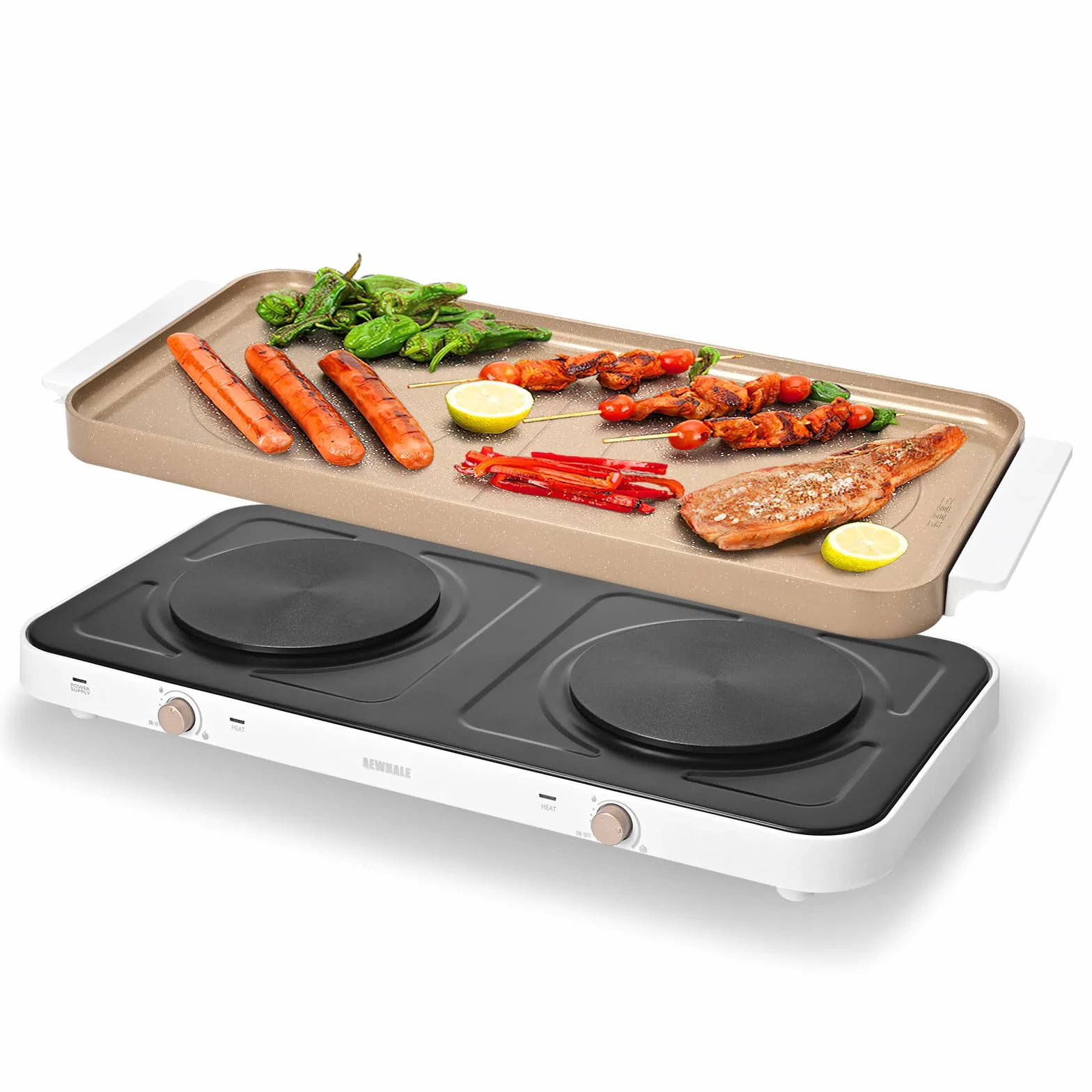AEWHALE Cocina Eléctrica Portátil doble 2000 W,15.24 Cm de Diámetro, con Una Placa de Cerámica Antiadherente Extraíble y 5 Niveles de Regulación de Temperatura