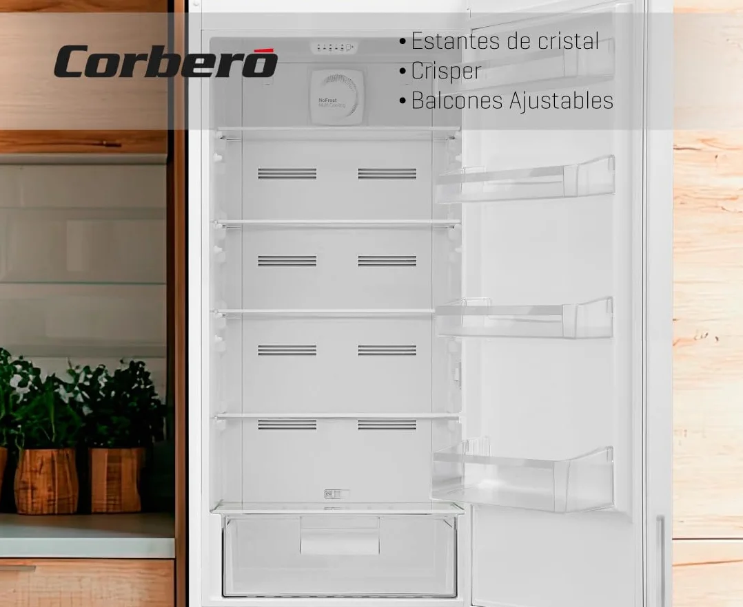 Corberó - Frigorífico Combi | CC200V24NFW | 327L | 60x59,5x201 | No Frost, Luz LED, Crisper, Balcones Ajustables, Estantes de Cristal, Huevera | 39 Db | Blanco
