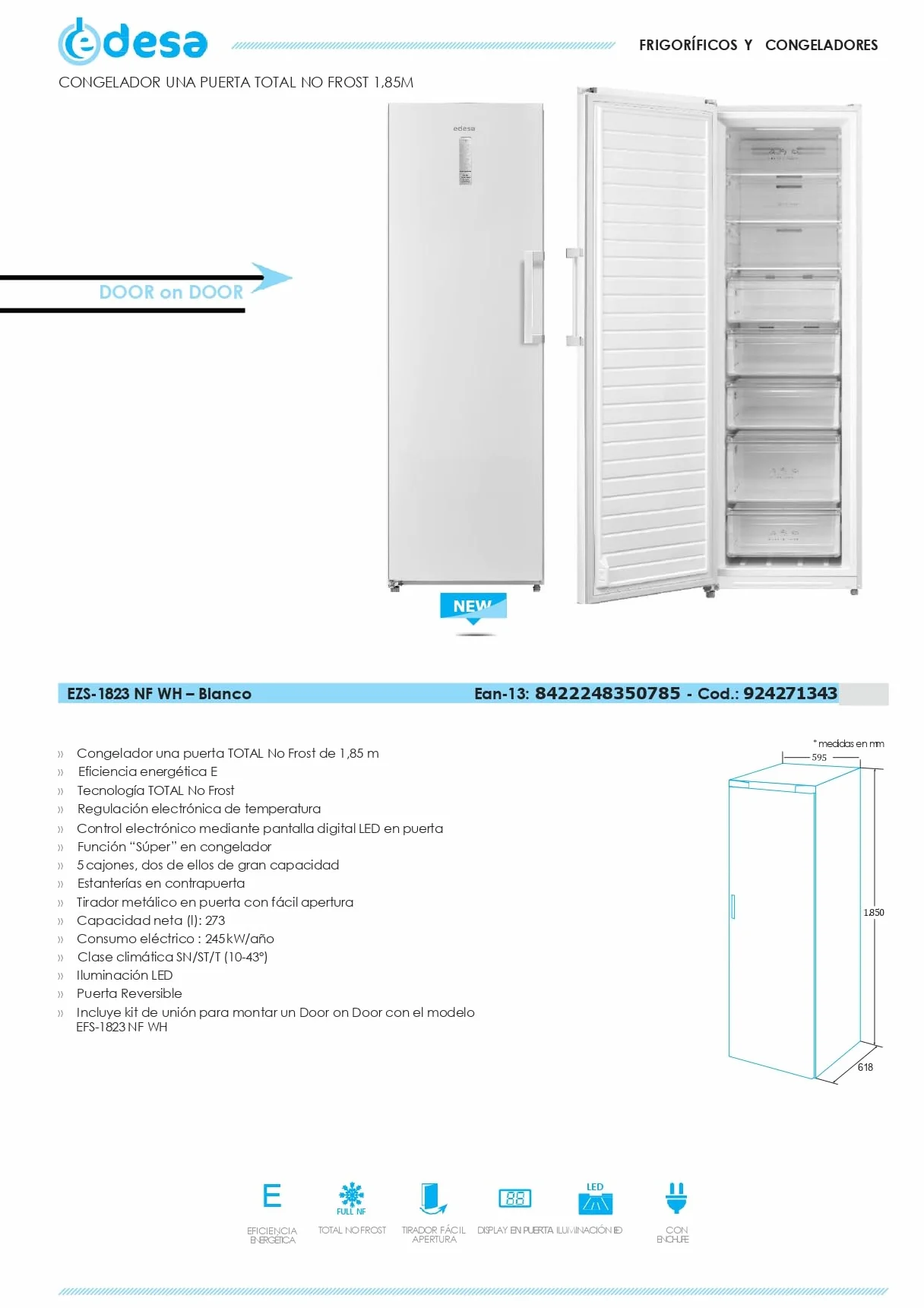 EDESA Congelador EZS-1823 NF No Frost 1.85 m 5 Cajones 59,5 cm Blanco