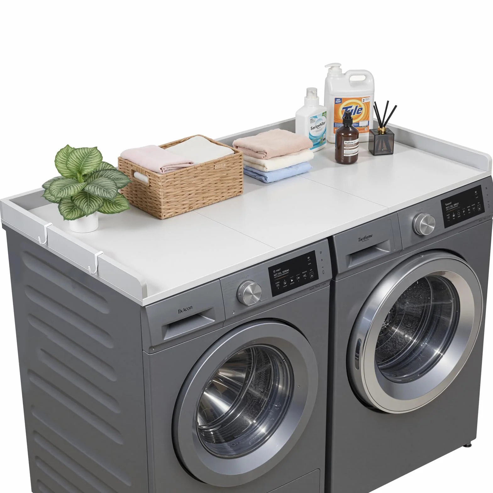 VEVOR Encimera para Lavadora y Secadora 137 x 69,9 cm, Cubierta Superior de Madera Soporta hasta 113 kg con Borde Elevado, Almohadillas, Ganchos Laterales para Lavadero Baño Cocina Balcón, Color Gris