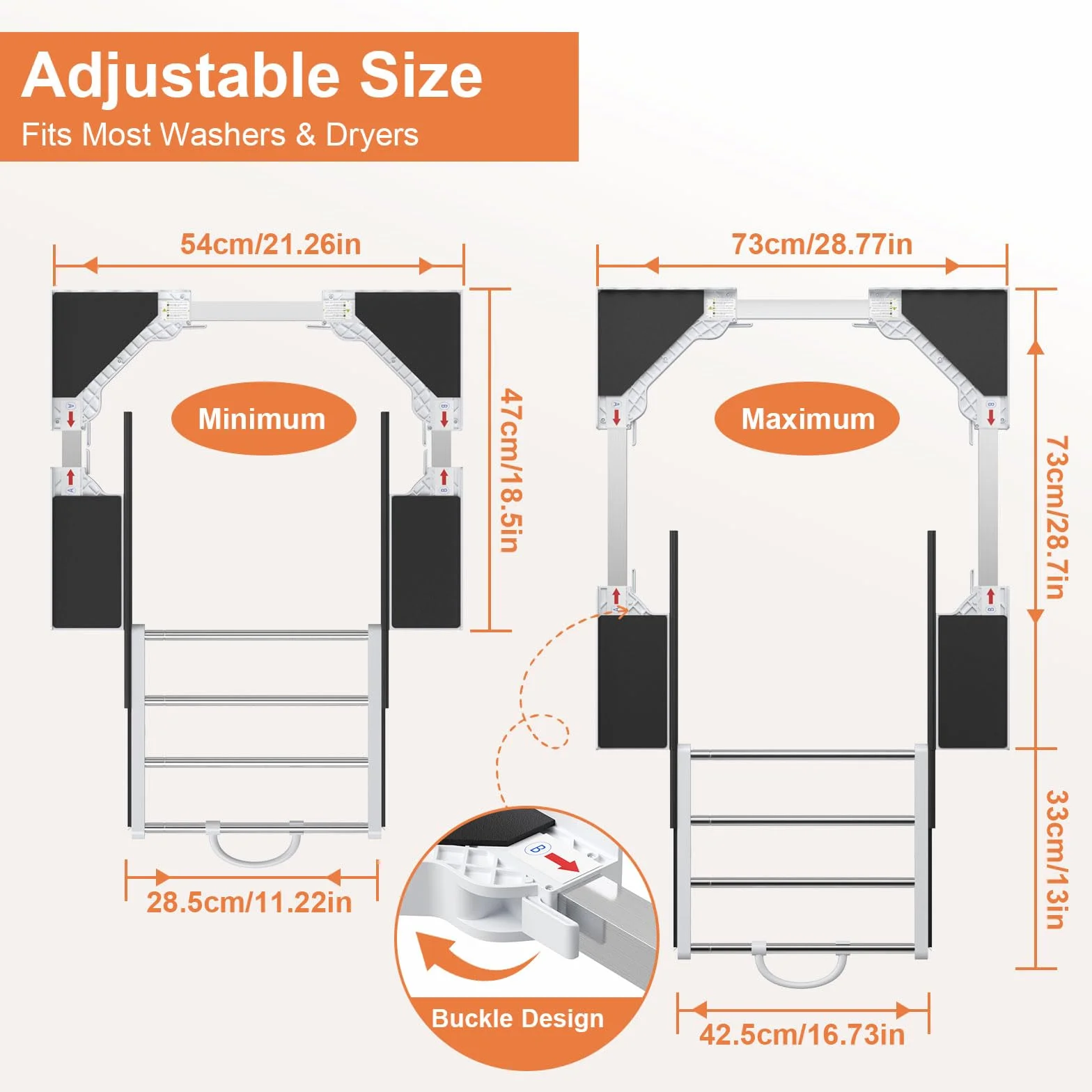 Kit universal de unión para lavadora y secadora con estante deslizante, kit universal de estanterías apiladas con trinquete y marco intermedio ajustable para lavadoras de 46-72 cm