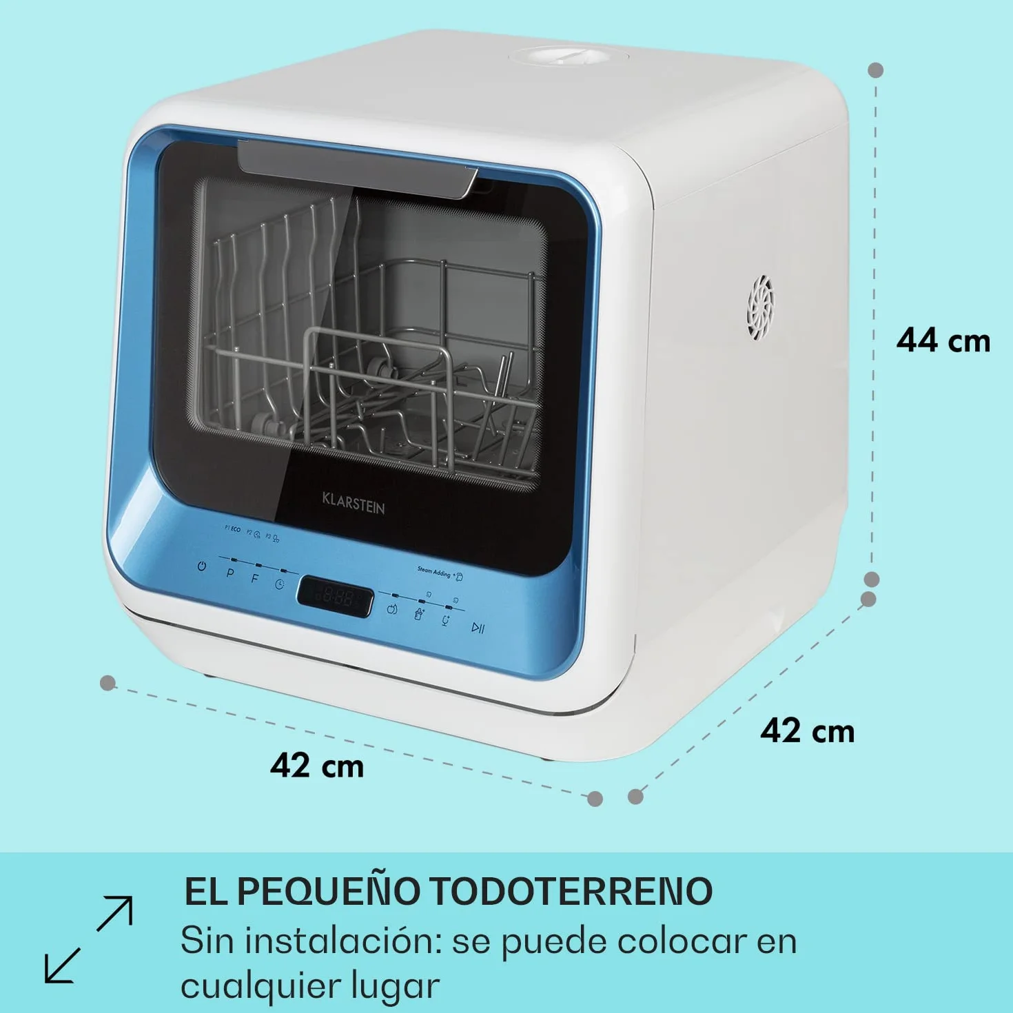 Klarstein Amazonia Mini Lavavajillas – Compacto, 7 Programas, 5L Depósito o Conexión Directa, Silencioso 58dB, Clase energética D, Pantalla Digital, Lavavajillas Portátil para Cocina Pequeña, Azul