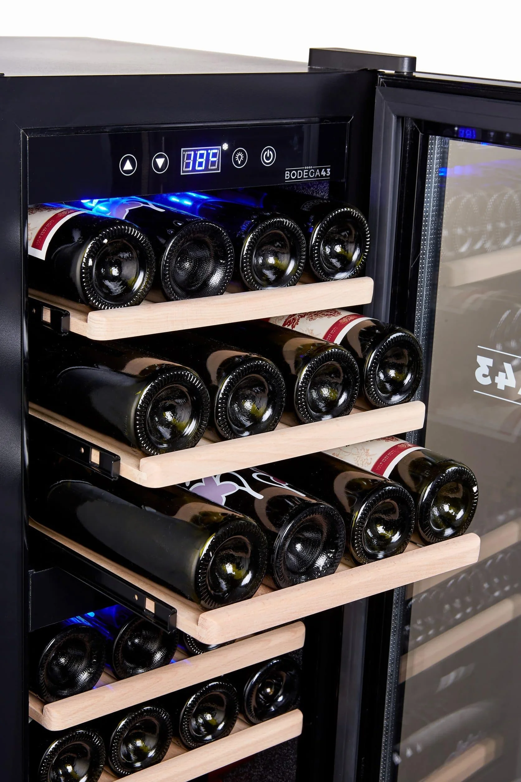 BODEGA43-24 Vinoteca - Vinotce 2 temperaturas, 5-20 ºC, 80 litros, Vinoteca 24 botellas, 6 estantes, puerta de cristal de diseño con panel táctil, bajo ruido (43 dB) y baja vibración, en negro