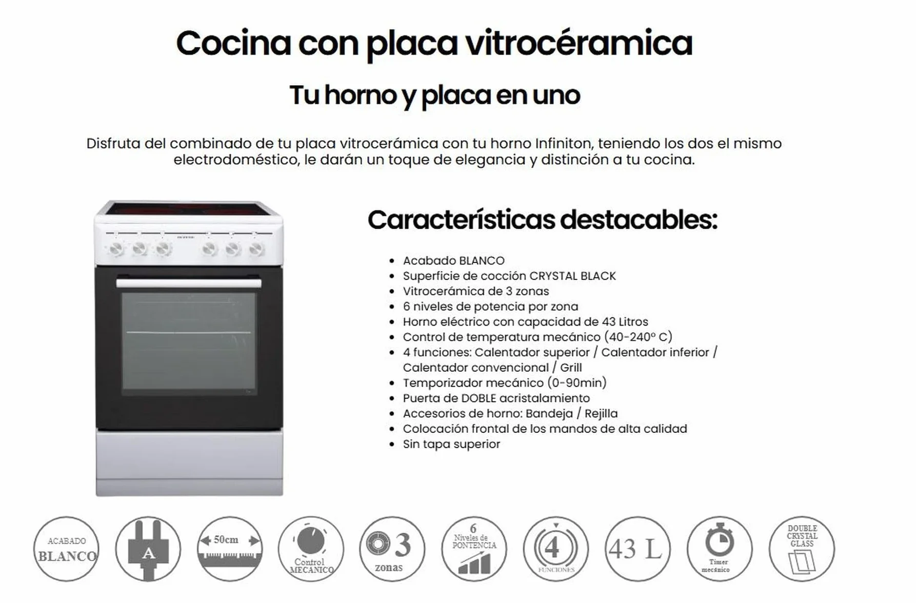COCINA ELECTRICA CON HORNO CC-V350G INFINITON (Vitroceramica 3 Zonas + Horno Electrico, Ancho 50CM)
