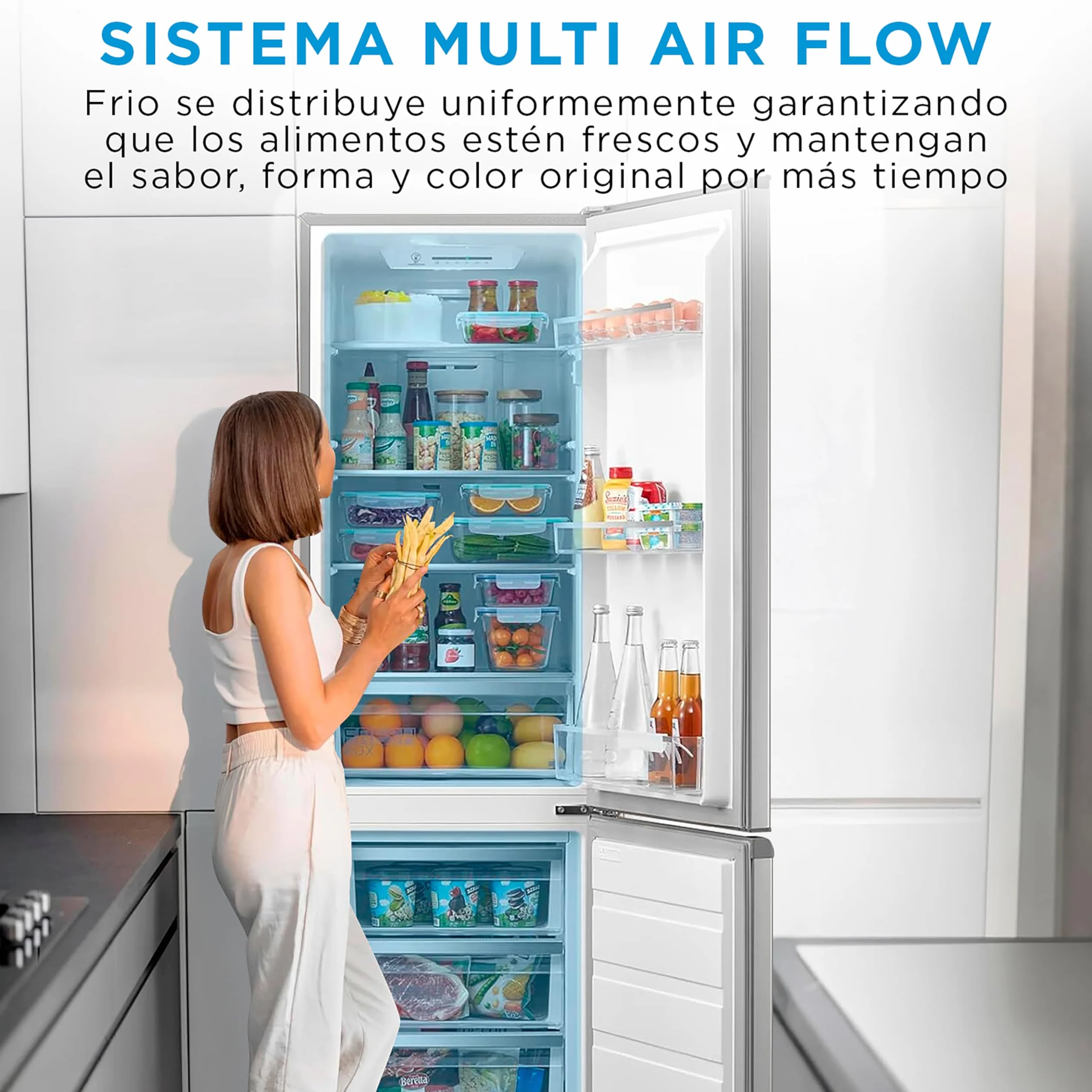 Midea Frigorifico Combi No Frost | 55 cm ancho x 180 cm | Inox | 270L de Capacidad - Nevera Libre Instalación con Congelador Vertical - Refrigerador de Bajo Consumo con Sistema Multi Air Flow