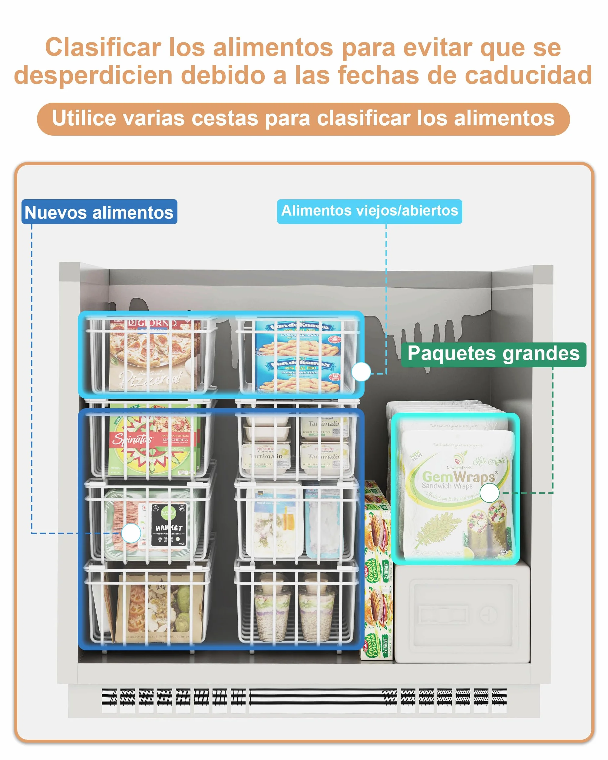 UMDONX Cesta para Congelador de 4 piezas blanco - Cestas apilables para congelador con asa, fácil acceso, para congelador de 198L, organizar ingredientes congelados (37x18x15cm)