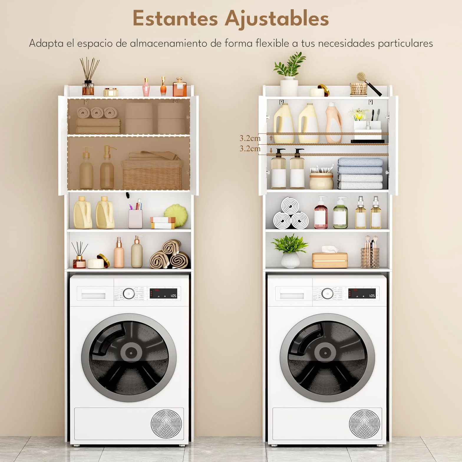 BEWISHOME Estantería sobre Lavadora,Mueble para Lavadora con Estantes Ajustables,2 Puertas y 2 Espacios Abiertos,Armario instalable sobre Lavadora,Inodoro y Secadora,24×65×185 cm,Blanco EYYG19W