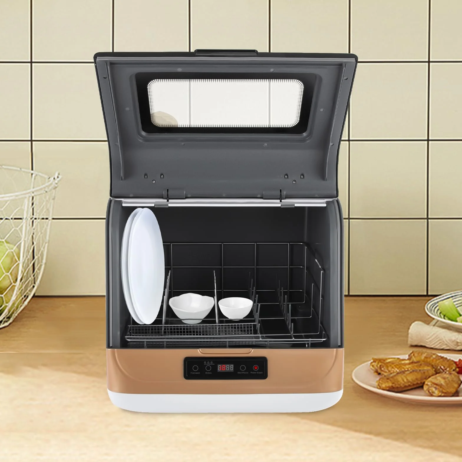 Lavavajillas de mesa, 800 W, mini lavavajillas con rociador giratorio de 360°, 3 modos de lavado, lavavajillas de mesa para hogares, residenciales, dormitorios, dorado