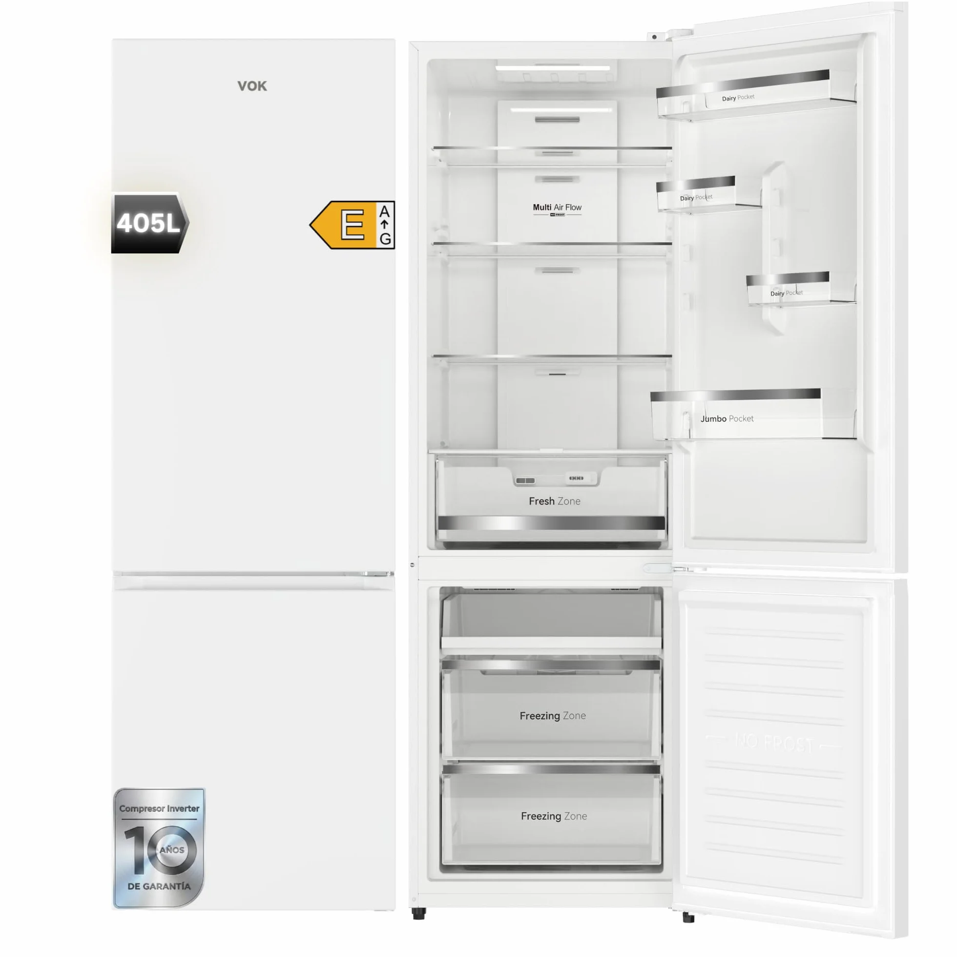 VOK Frigorífico Combinado No Frost 405L en 185.5cm - Compresor Inverter Silencioso 37dB, MaxVolume, Zona 0°C, Multi Air Flow, Clase E, Blanco, EVR-405NEW