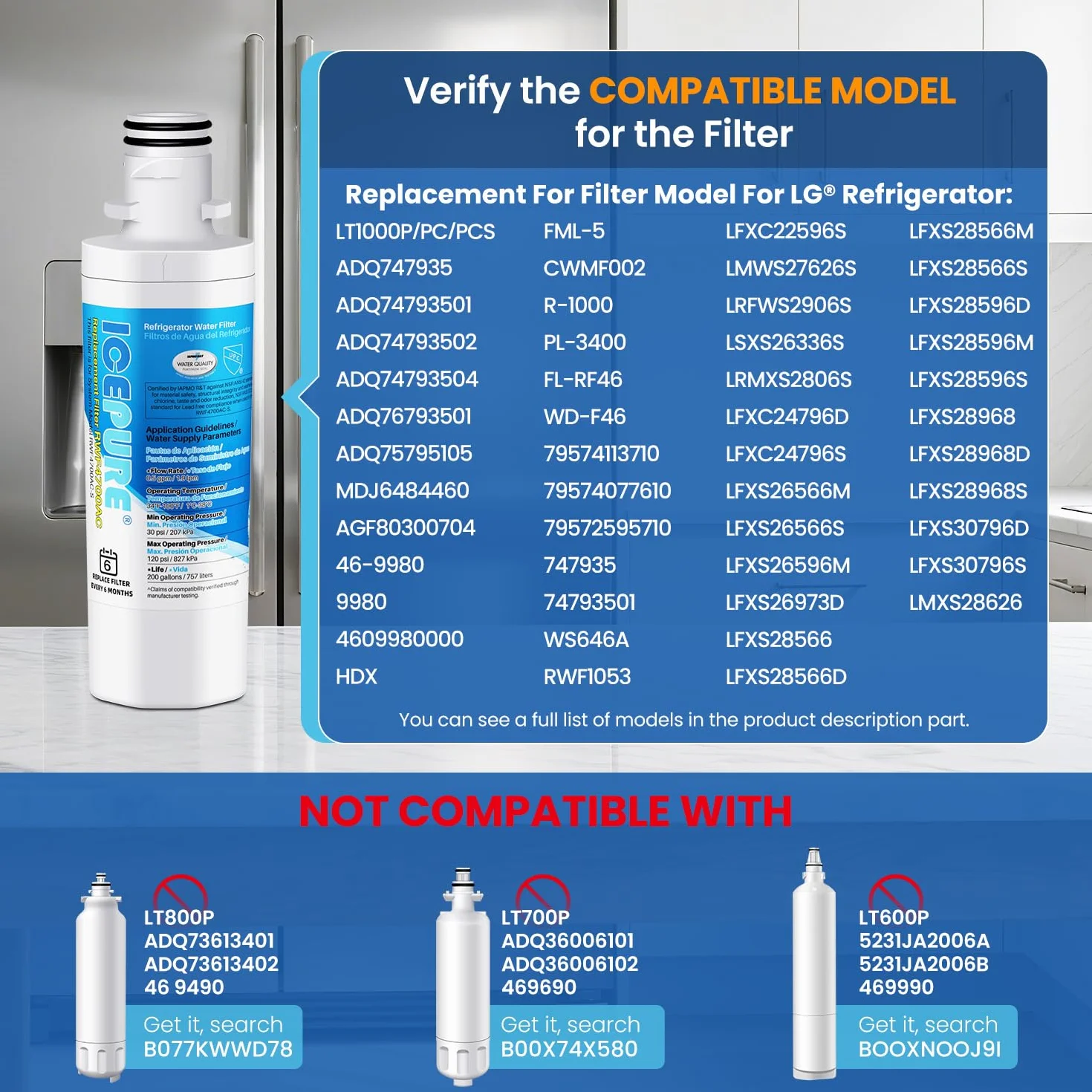 ICEPURE LT1000P Filtro de agua y aire para refrigerador, compatible con LG LT1000P, LT1000PC, MDJ64844601, Kenmore 46-9980, 9980, ADQ74793501, ADQ74793502 y LT120F Combo blanco, 3 piezas