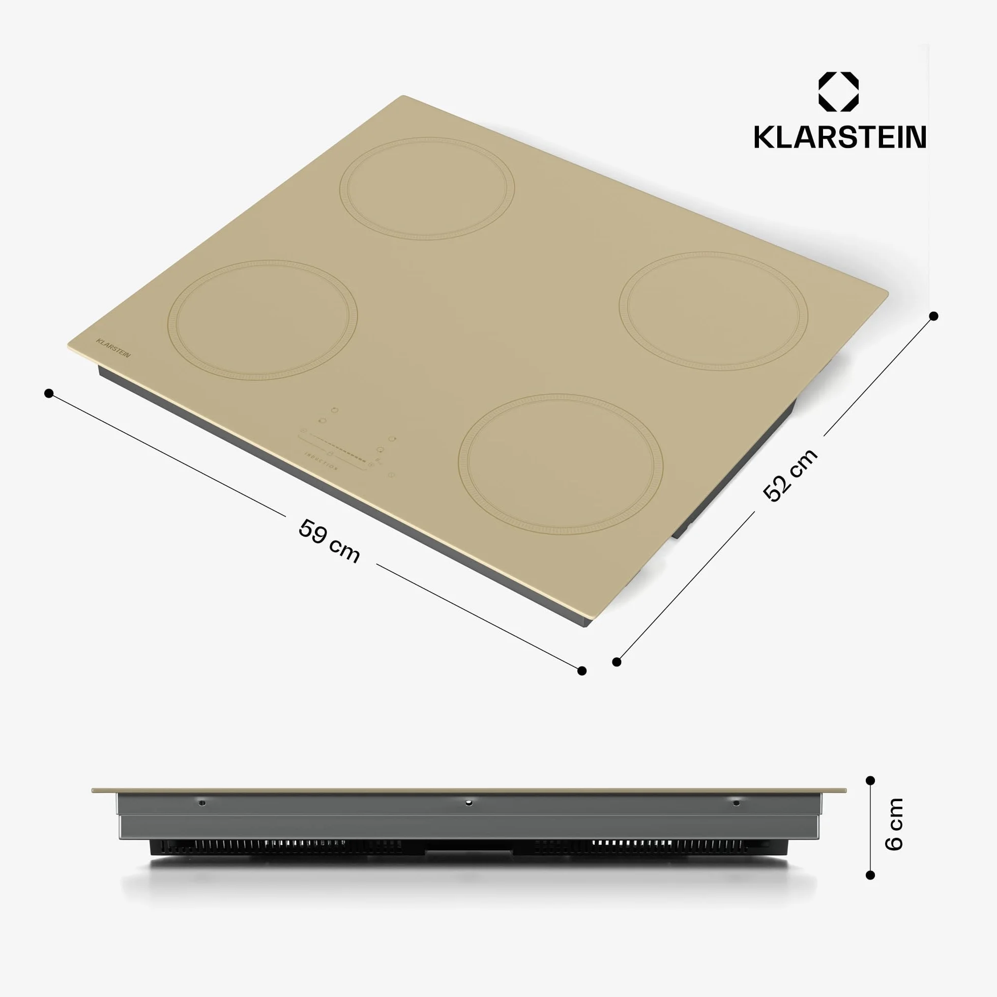 Klarstein Victoria Placa Inducción - 4 Zonas, 7000W Con Potenciadores, Control Deslizante, Temporizador & Bloqueo Infantil, Cristal Cerámico Crema, Diseño Encastrable 59cm