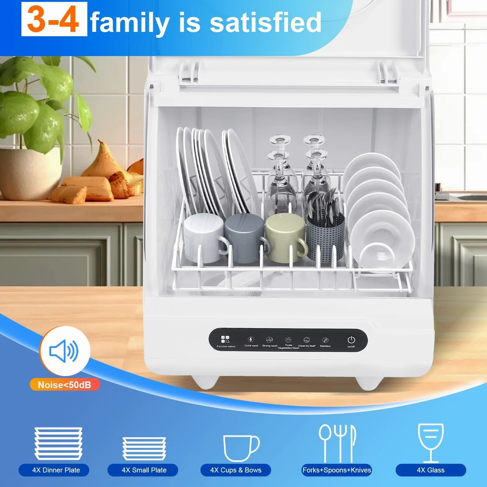 Lavavajillas de Mesa, Mini Lavavajillas con 5 Programas de Lavado, Control Táctil, Secado Automático, Cuidado del Bebé y Lavado de Frutas, Lavavajillas Compacto Portátil para el Hogar, Apartamento