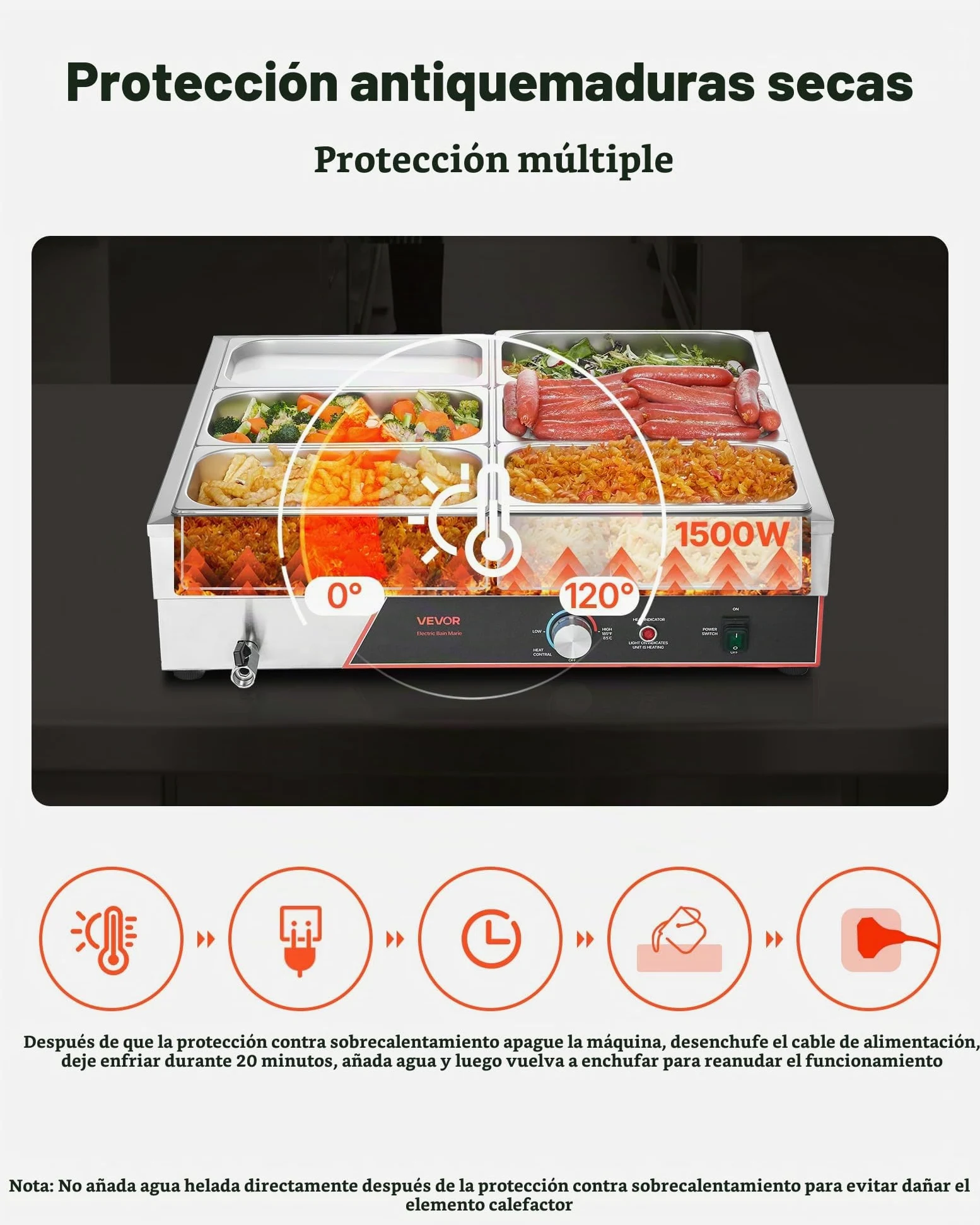 VEVOR Calentador de Alimento, con 6 Recipientes de 1/3 de Tamaño y Cable de Alimentación, de Acero Inoxidable, 1500 W, por Baño María, para Restaurantes, Fiestas y Buffets, 690 x 570 x 220 mm