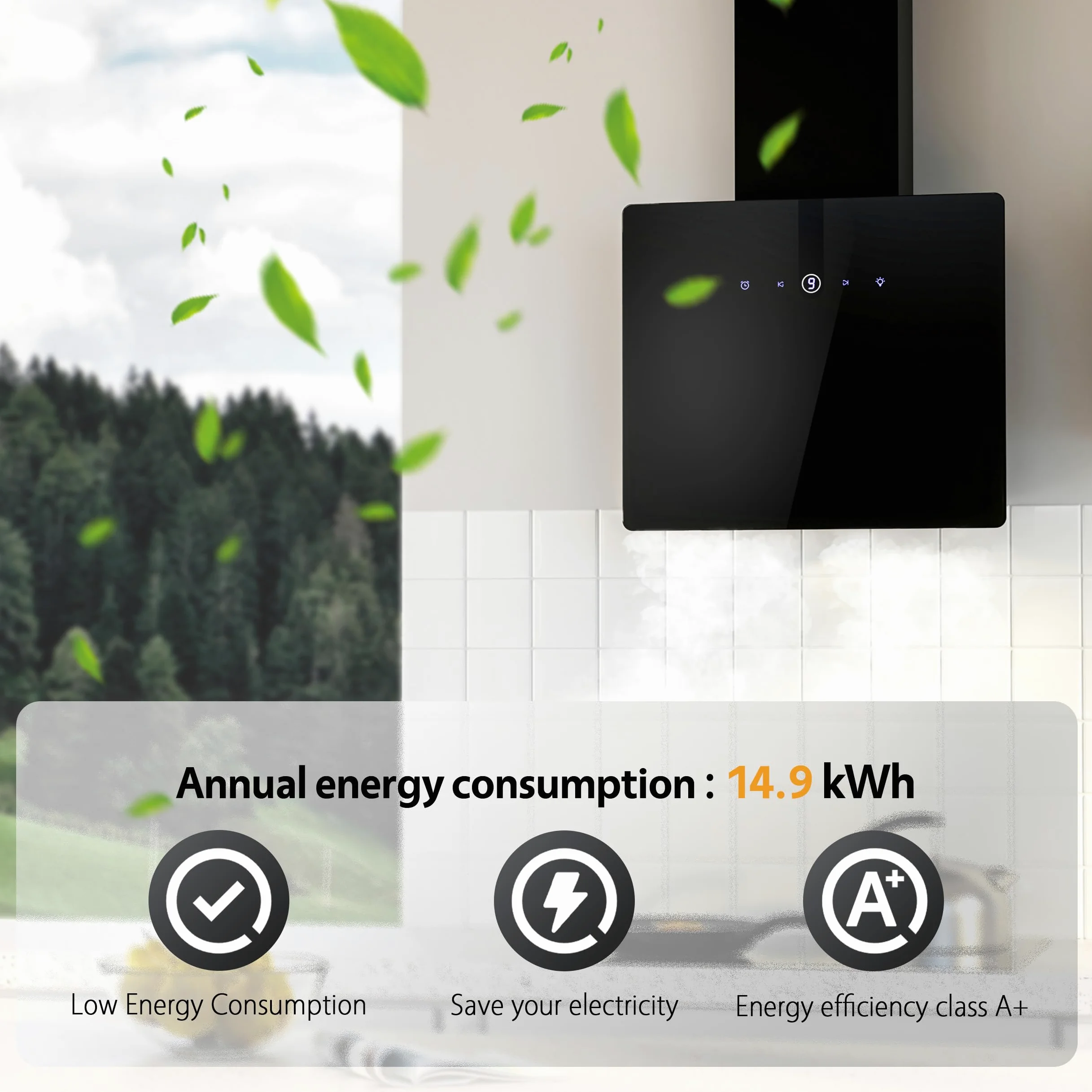 FIREGAS Campana Extractora de Pared con LED 60 cm, 487 m³/h, 9 Velocidades, Filtros de Carbón CC170, Ahorro Energético, Con Conducto, Negra