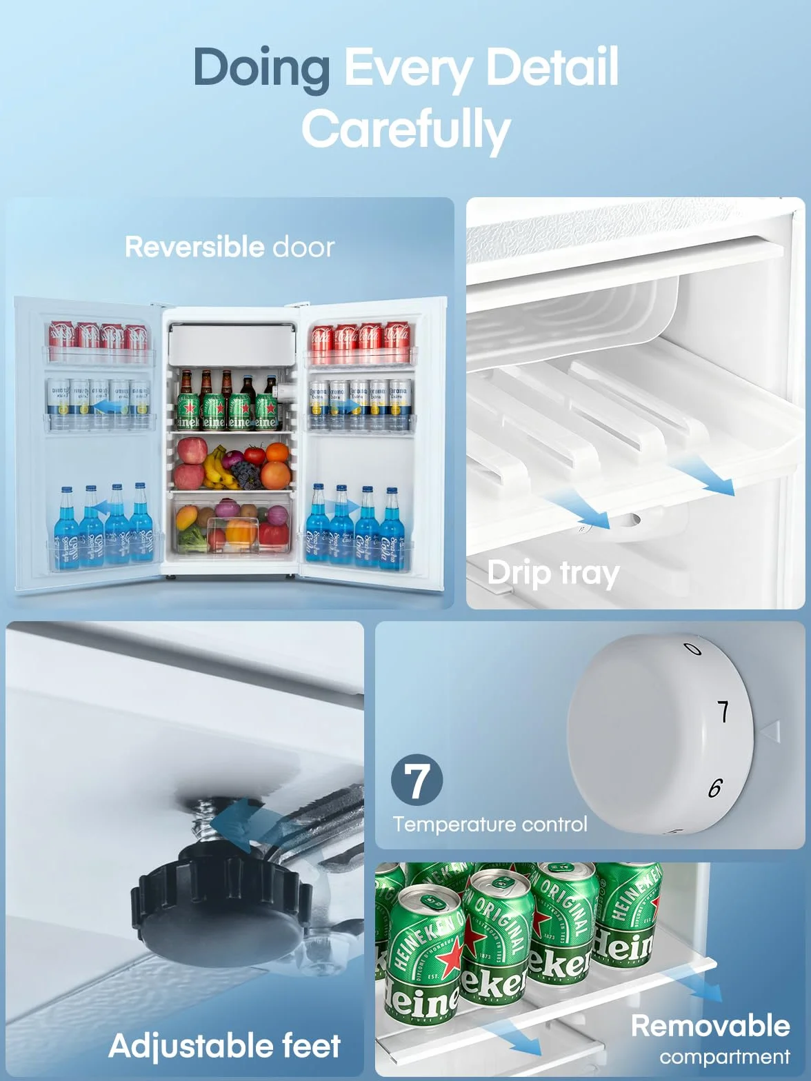 FOHERE Frigorífico con Congelador 90L, Nevera Pequeña Compacta, 7 Temperatura Regulable, 84kWh/año, Eficiencia Energética E, Silencioso, Ideal para Dormitorio, Oficina, Cocina, Caravana y Camping