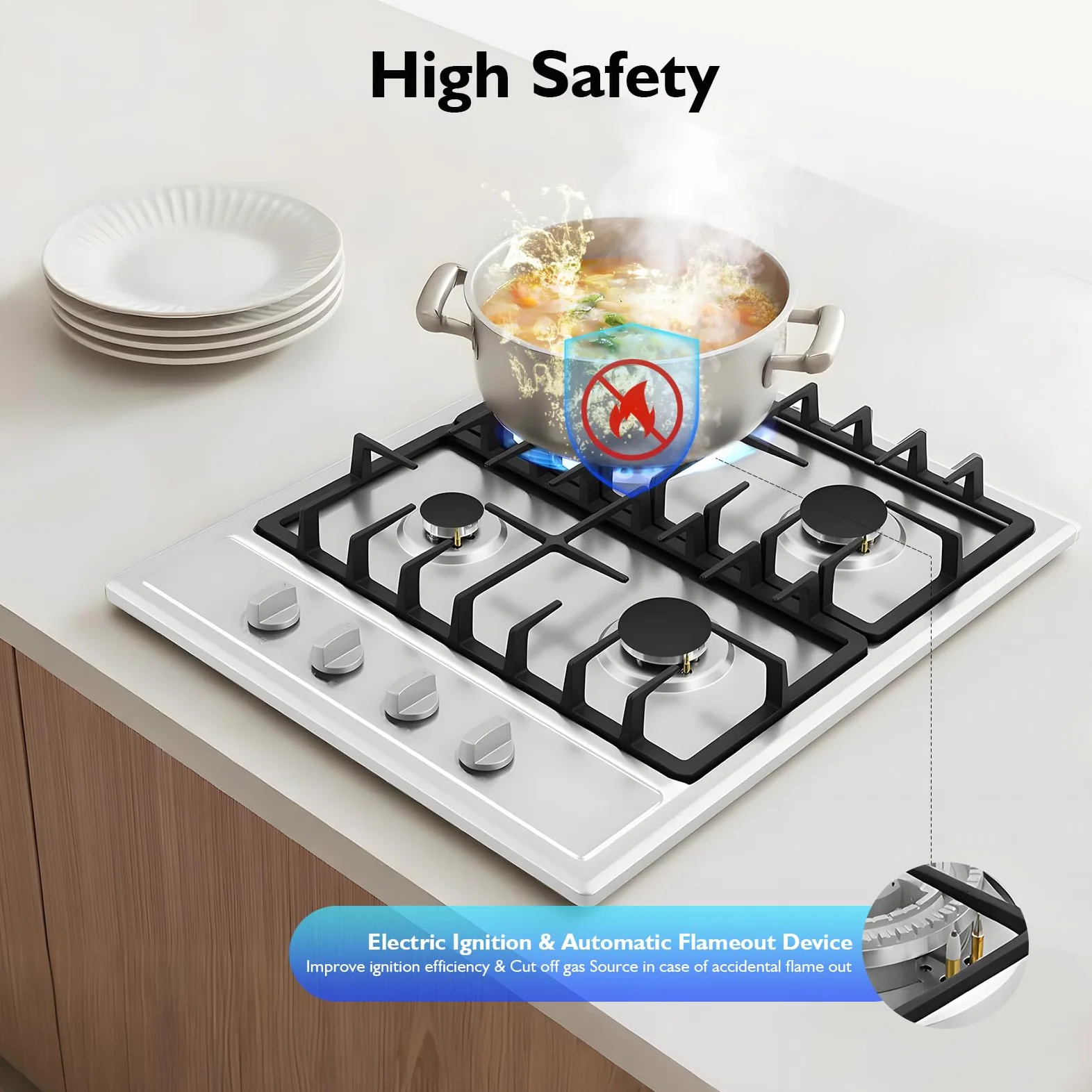 Cocina de gas de 4 fuegos, acero inoxidable, empotrable, gas natural/propano, eficiente y de bajo consumo, 7500 W, 4 zonas de cocción (3000 W + 1750 W + 1750 W + 1000 W), 4 zonas de cocina de