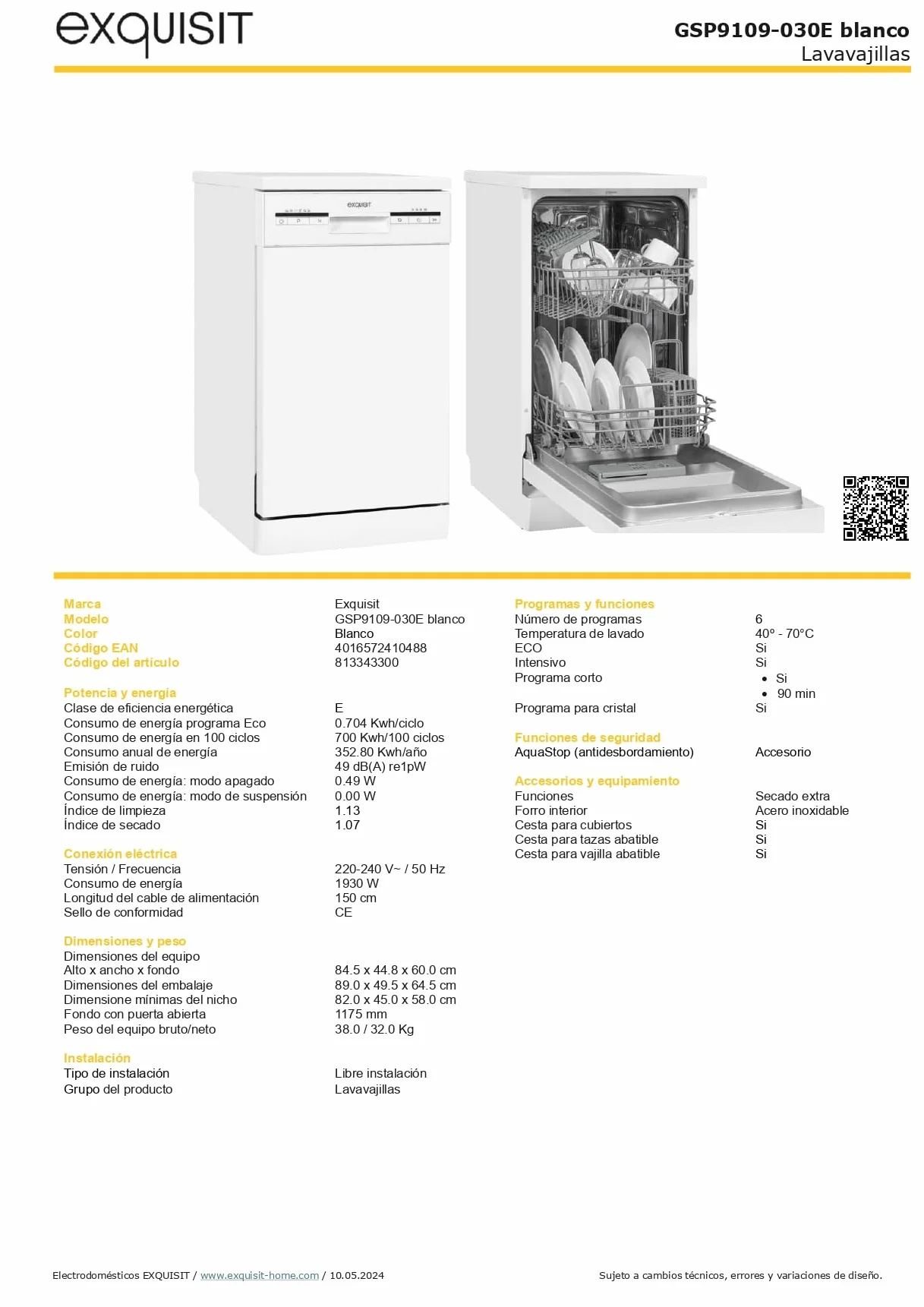 Exquisit® Lavavajillas 45Cm, Clase E, Color Blanco, 9 Servicios, 6 Programas, Cesto Regulable, Funciones Extra Seco y Media Carga, Interior Inox, Consumo 70 kWh/año, Medidas 84,5x44,8x60 Cm.