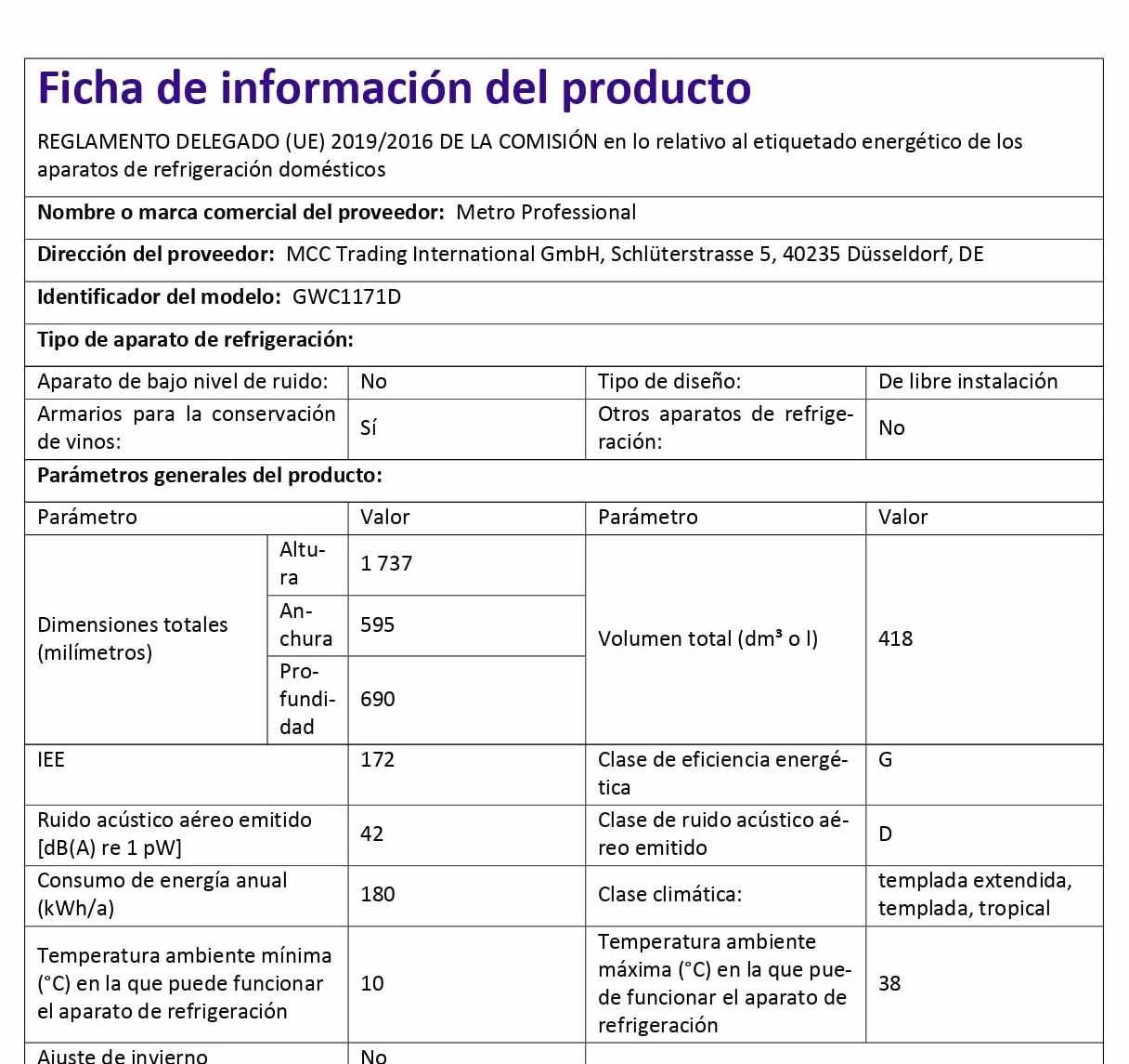 METRO Professional Vinoteca GWC1171D, acero inoxidable/vidrio, 8 estantes de madera, termostato digital, para 171 botellas de vino, con cerradura, negro/plateado