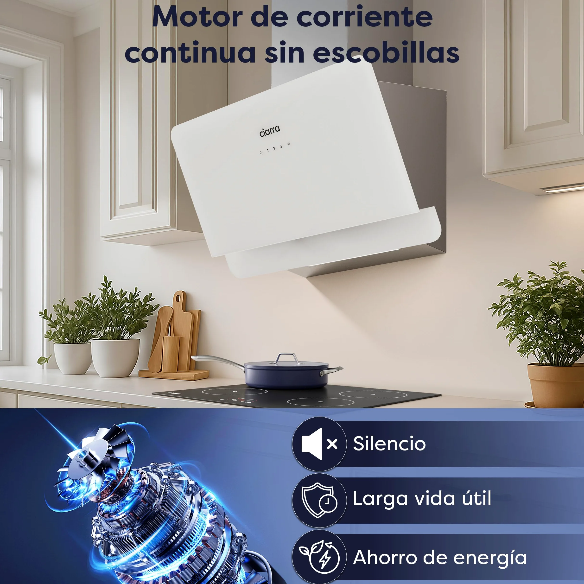 Ciarra CBCS6765C Clase A+ Campana Extractora 60 cm 580 m³/h Blanco | 3 Velocidades - Modo Reciclaje o Evacuación - Filtro de Carbón CBCF055 Incluido - Control Táctil - Panel de Cristal