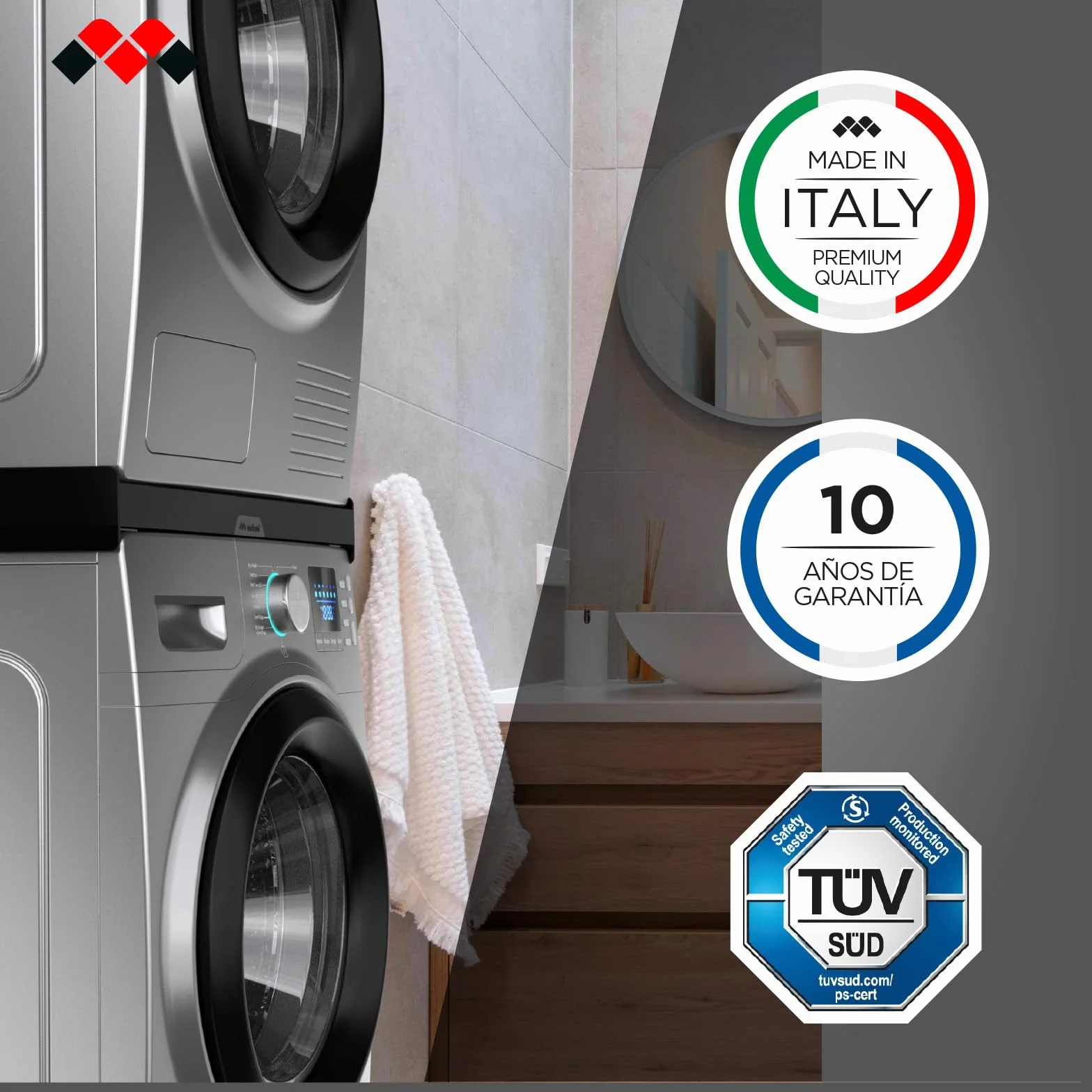 Meliconi Torre Noir Kit de superposición lavadora-secadora, premontado, certificado TÜV SÜD, capacidad máxima 250 kg, Made in Italy, color negro