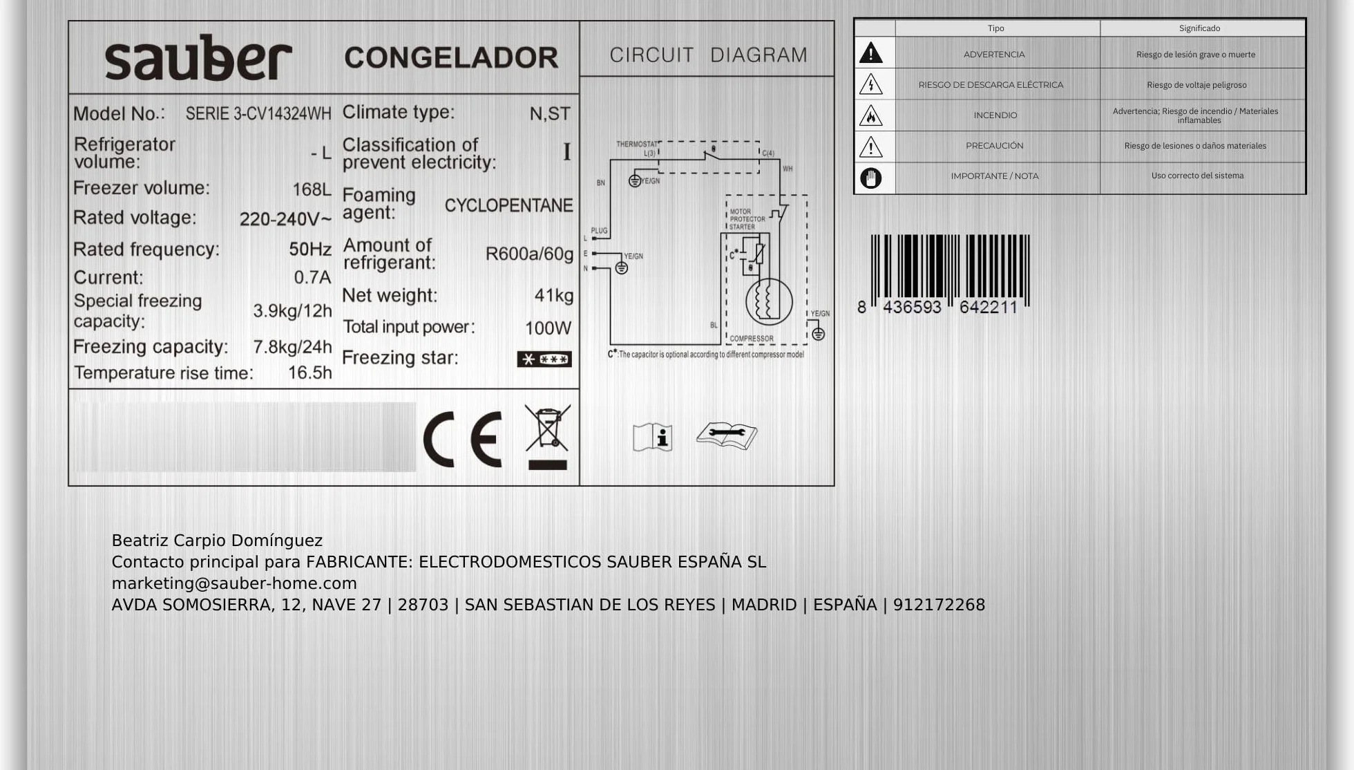 Sauber - Congelador Vertical una Puerta SERIE 3-CV14324WH - E - 142 x 55 cm - 5 Cajones 168 Litros - Se puede Combinar con Frigo 1 puerta - ENTREGA Y RETIRADA EN DOMICILIO INCLUIDA