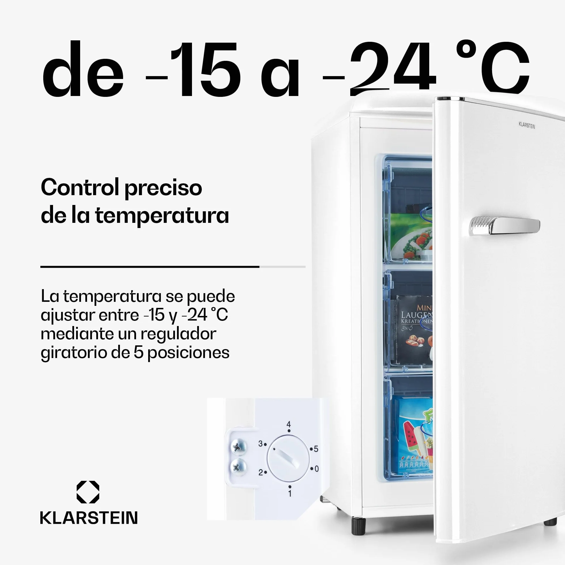 Klarstein Laika - Congelador, Termostato con 5 niveles, Temperaturas de -24 a -15 °C, 3 cajones extraíbles, CEE E, Capacidad de 60 L, Crema