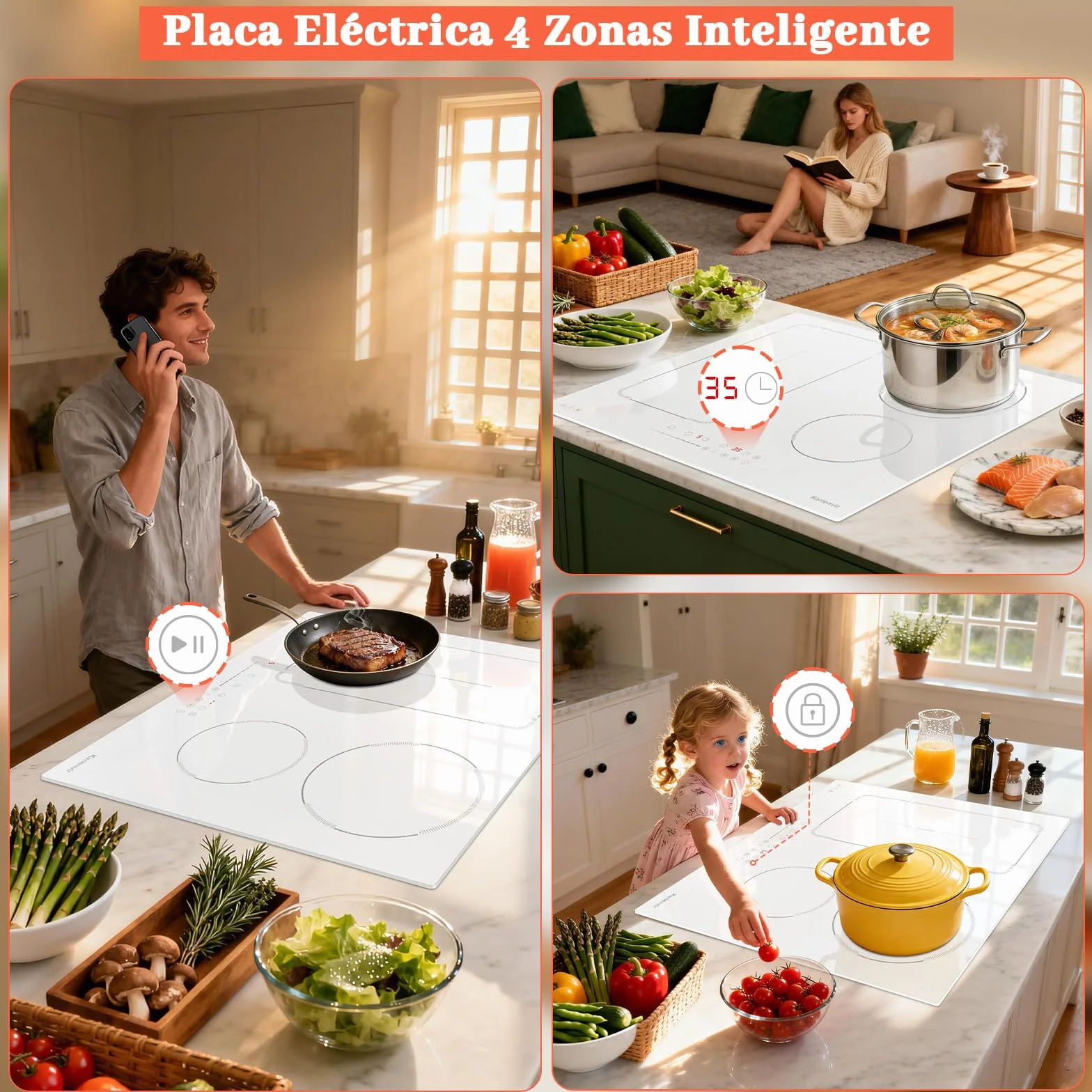 Placa Inducción 4 Fuegos con Zona Flexible y Enchufe, Placa Induccion Empotrable 60 cm con Boost, Vitroceramica Induccion con Pantalla Táctil, Bloqueo de Seguridad, Pausa, Temporizador, Blanca