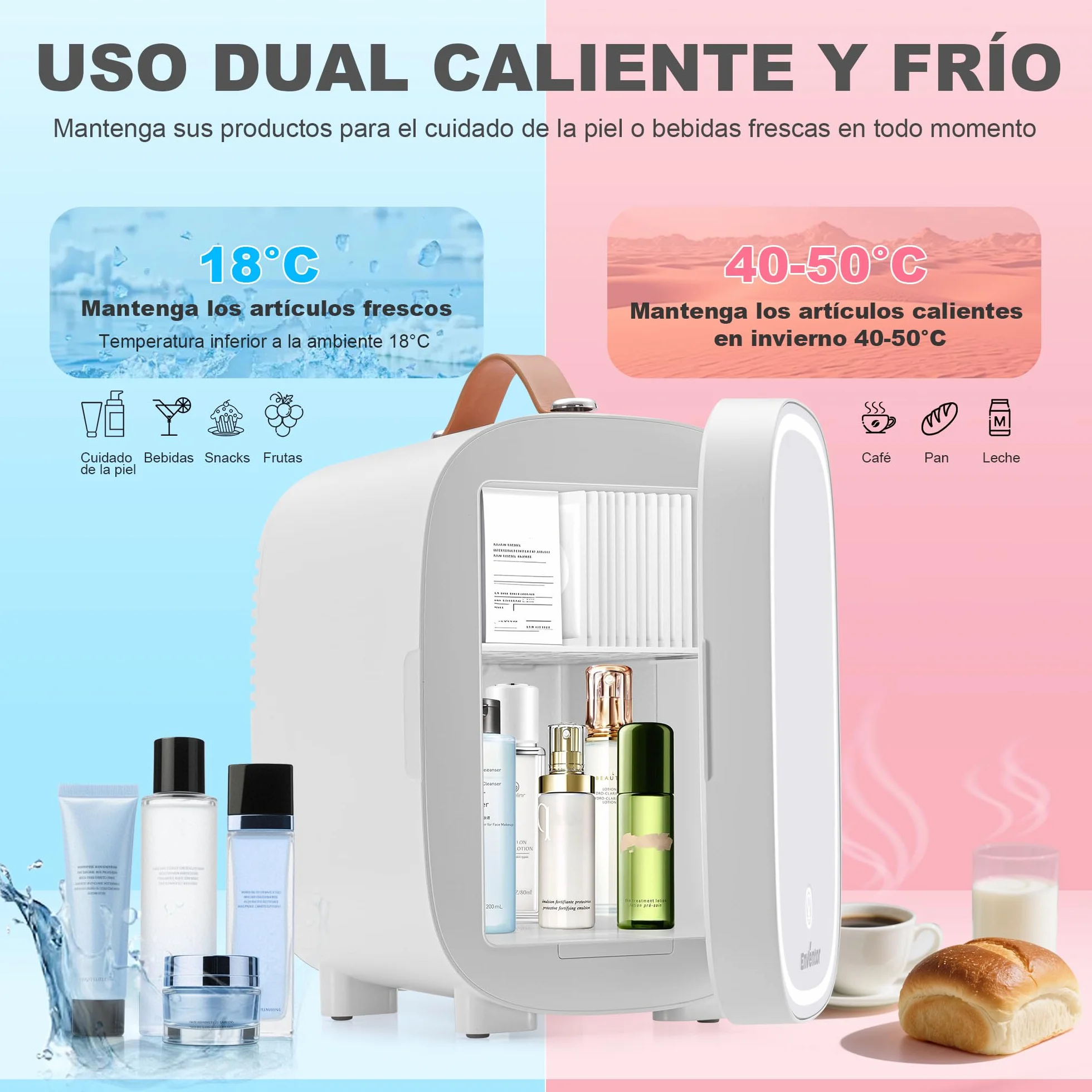 Enventor 4L 6 Latas Nevera Pequeña Blanco, Mini Frigorifico con Enfriador y Calentador, Espejo con Luz LED Regulable, Alimentación Dual, Mini Nevera para Habitacion, Oficina y Coche