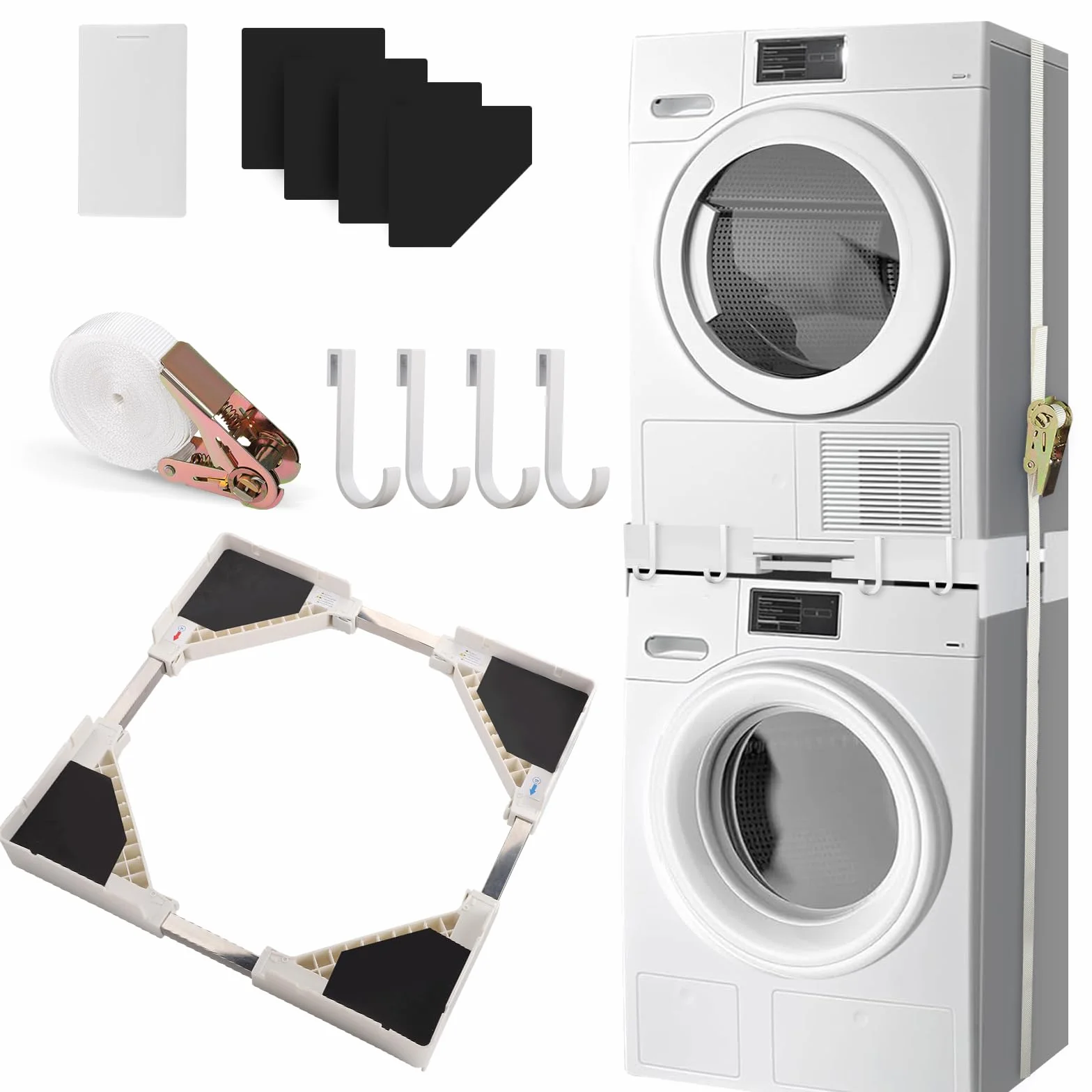 Kit apilable universal para lavadora y secadora de ropa, tamaño ajustable (50 – 70 cm), almohadillas antivibración, cuerda de trinquete, ahorra espacio (blanco)