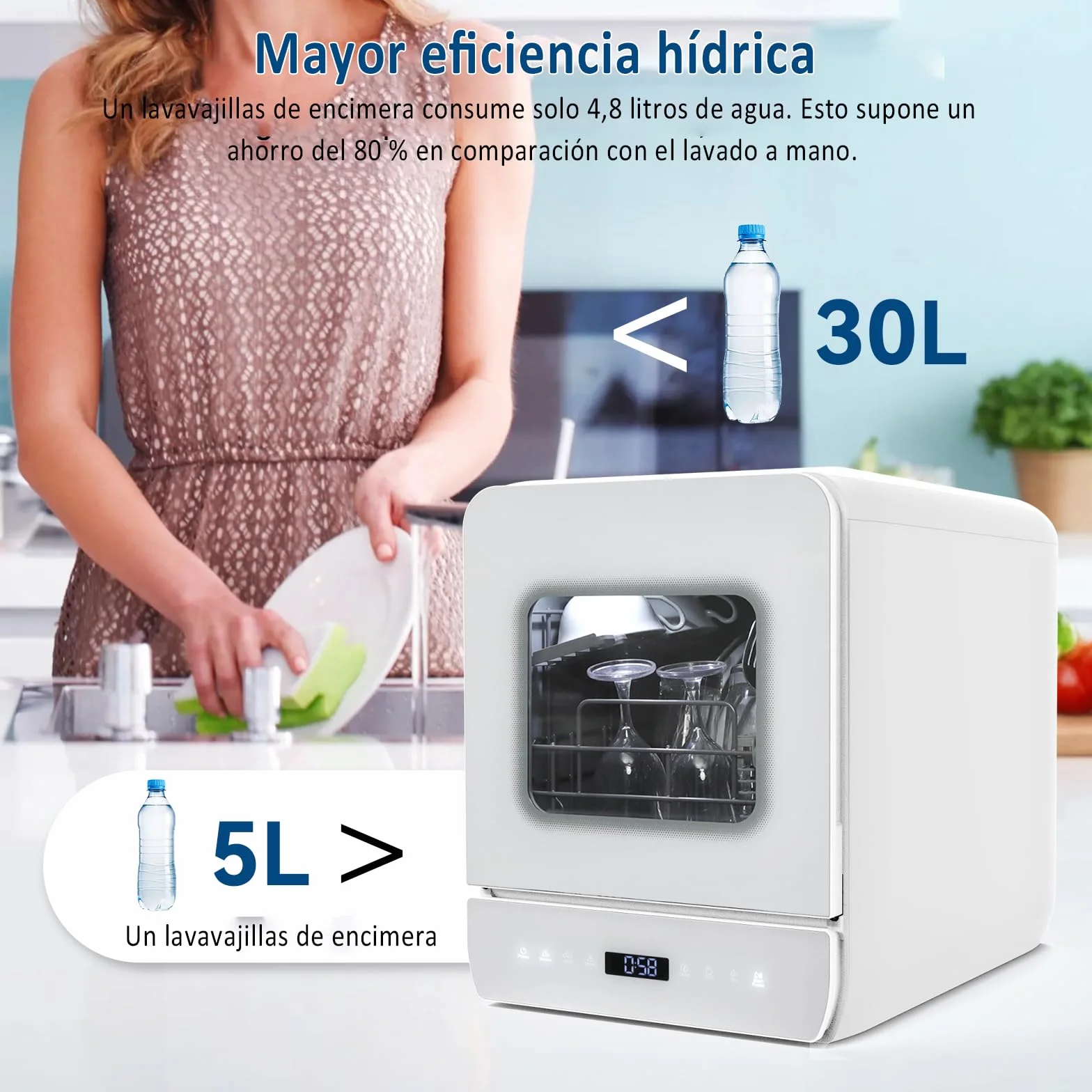 YU YUSING Lavavajillas de Encimera 45 cm 4.8 L con 7 Programas 5 Juegos, Mini Lavavajillas Pequeño con 2 Suministro Agua, Portátil, Control Táctil, Pantalla LED para Casa Oficina Camping, Blanco