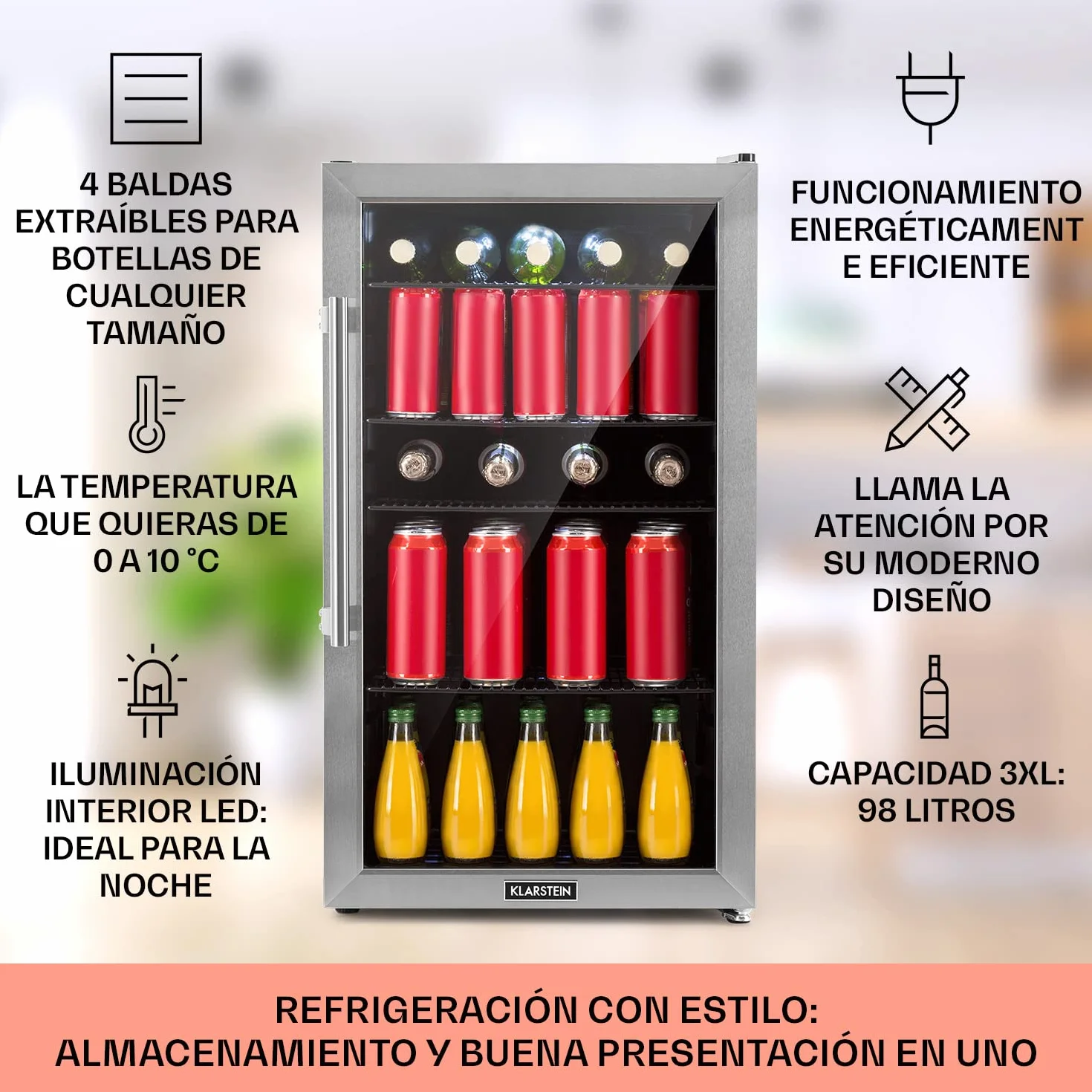 KLARSTEIN Nevera Pequeña Puerta Cristal Habitaciones, Nevera Portatil Electrica, Mini Nevera Pequeña para Bebidas, Frigorificos Pequeños 98L, Mini Frigorifico con Estantes, Neveras Pequeñas