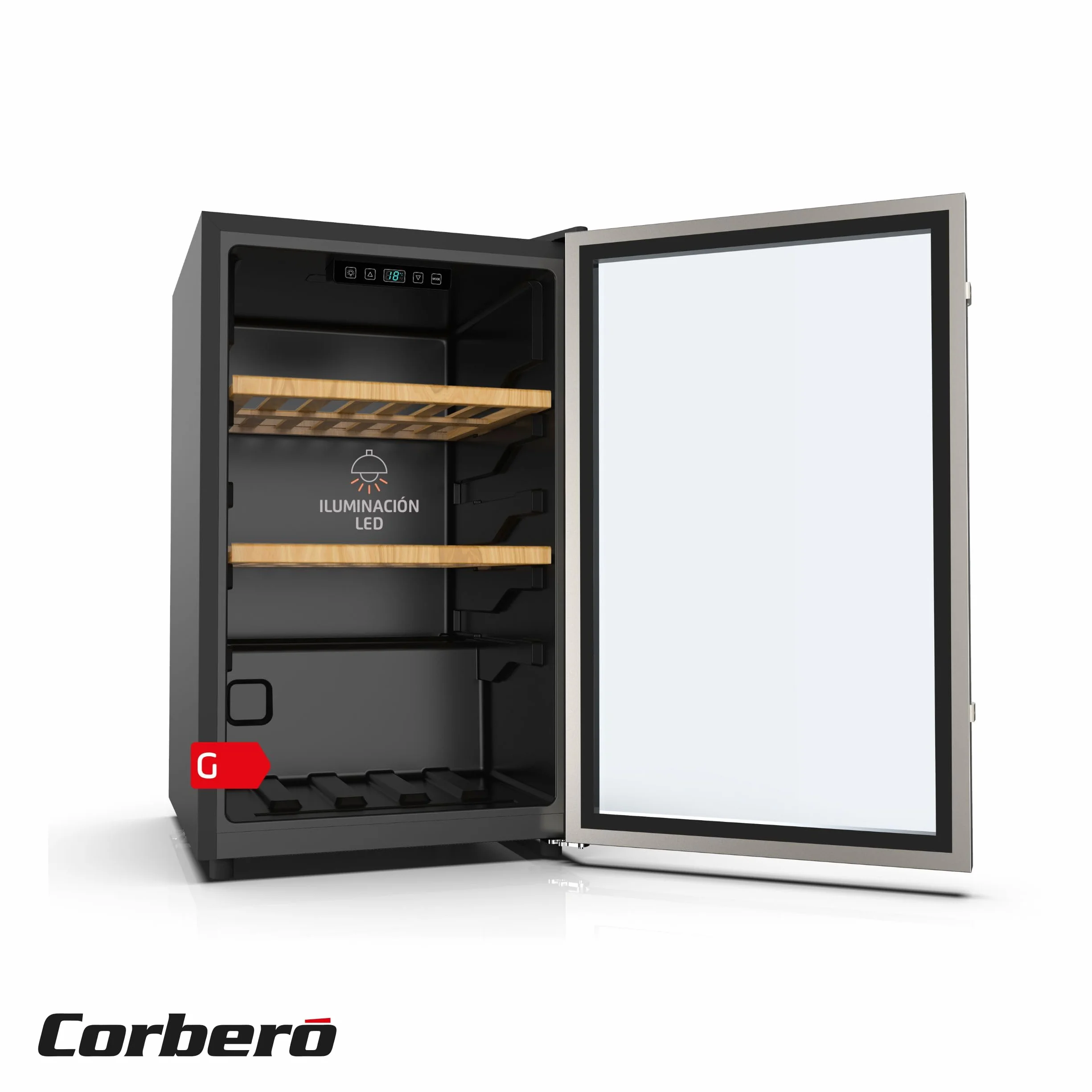 Corberó - Vinoteca CFKWC61SW | 126L | 61 Botellas | Puerta Cristal | Display LED | 2 Estantes Madera | Rango Temperatura 5-20ºC | Nevera para vinos | Negro