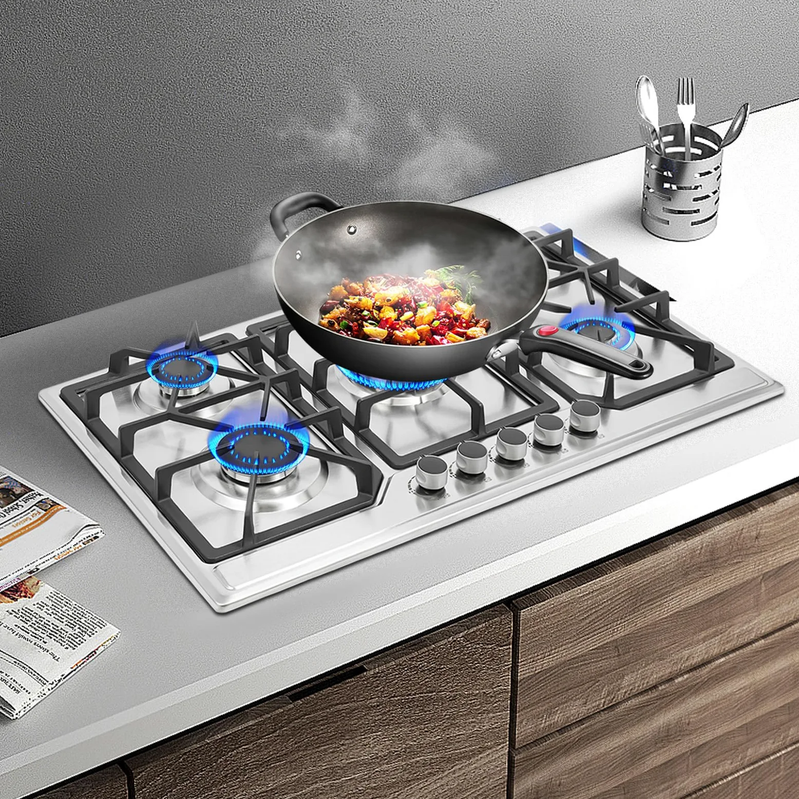 Cocina de gas de 5 fuegos, 86 cm, empotrable para cocina, acero inoxidable, encendido electrónico, placas de gas LPG/gas natural, 2800 pa, placa de gas Drop-in moderna