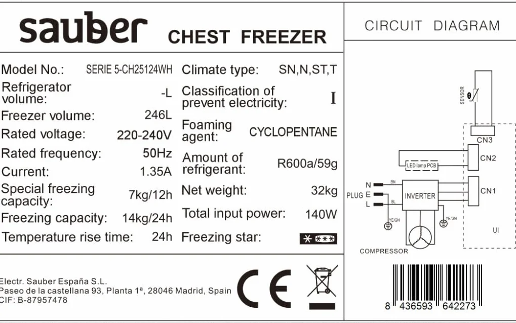 Sauber - Congelador Horizontal SERIE 5-CH251 24WH - Eficiencia energética: E - Ancho: 96 X 55 cm - 251 litros - - Luz LED en PUERTA - ENTREGA Y RETIRADA USADO EN DOMICILIO INCLUIDA