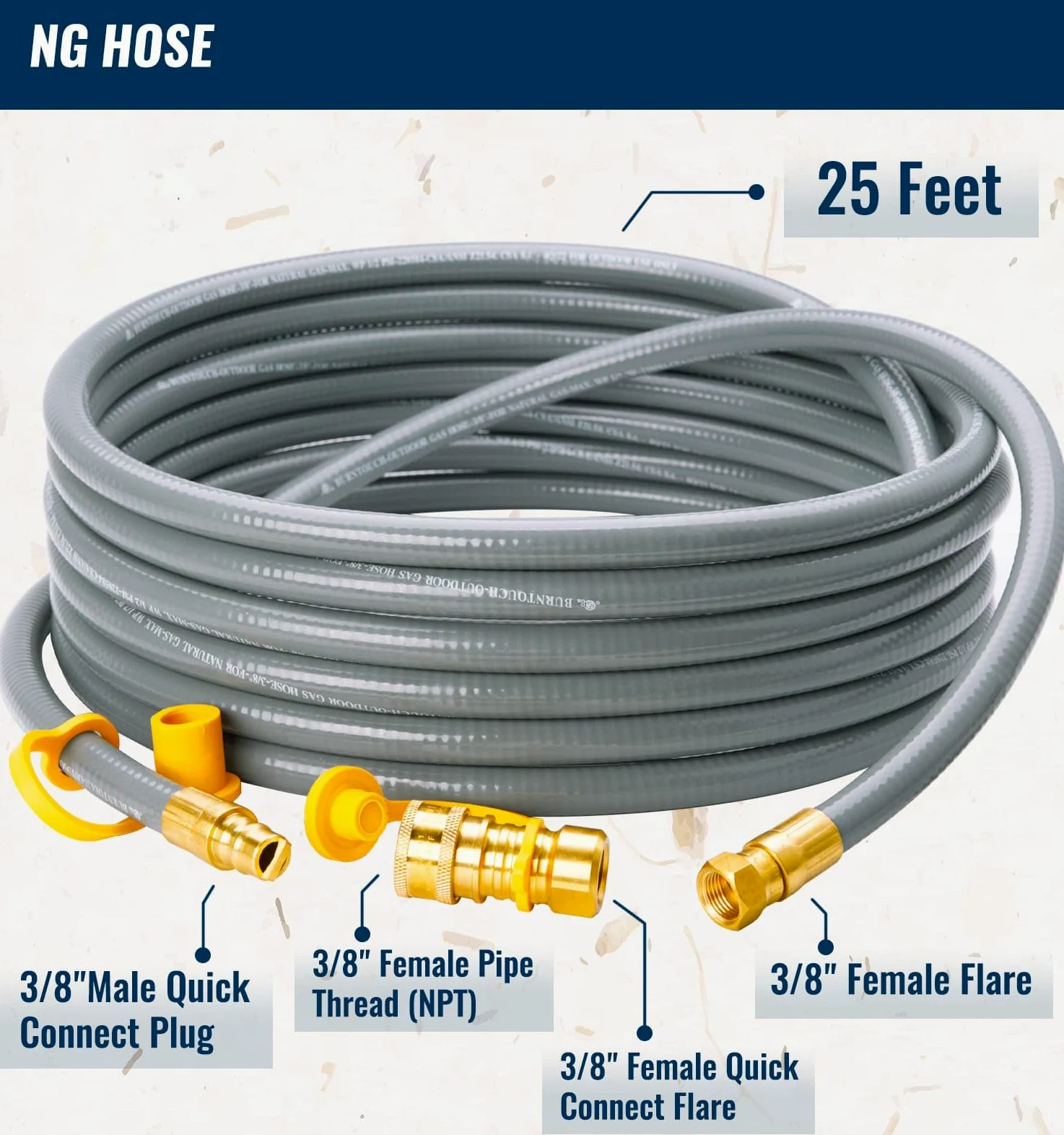 CALPOSE Manguera de parrilla de gas natural de 25 pies de diámetro interior de 3/8 pulgadas con accesorios de conexión rápida, línea de gas natural para parrilla, horno de pizza, calentador y más