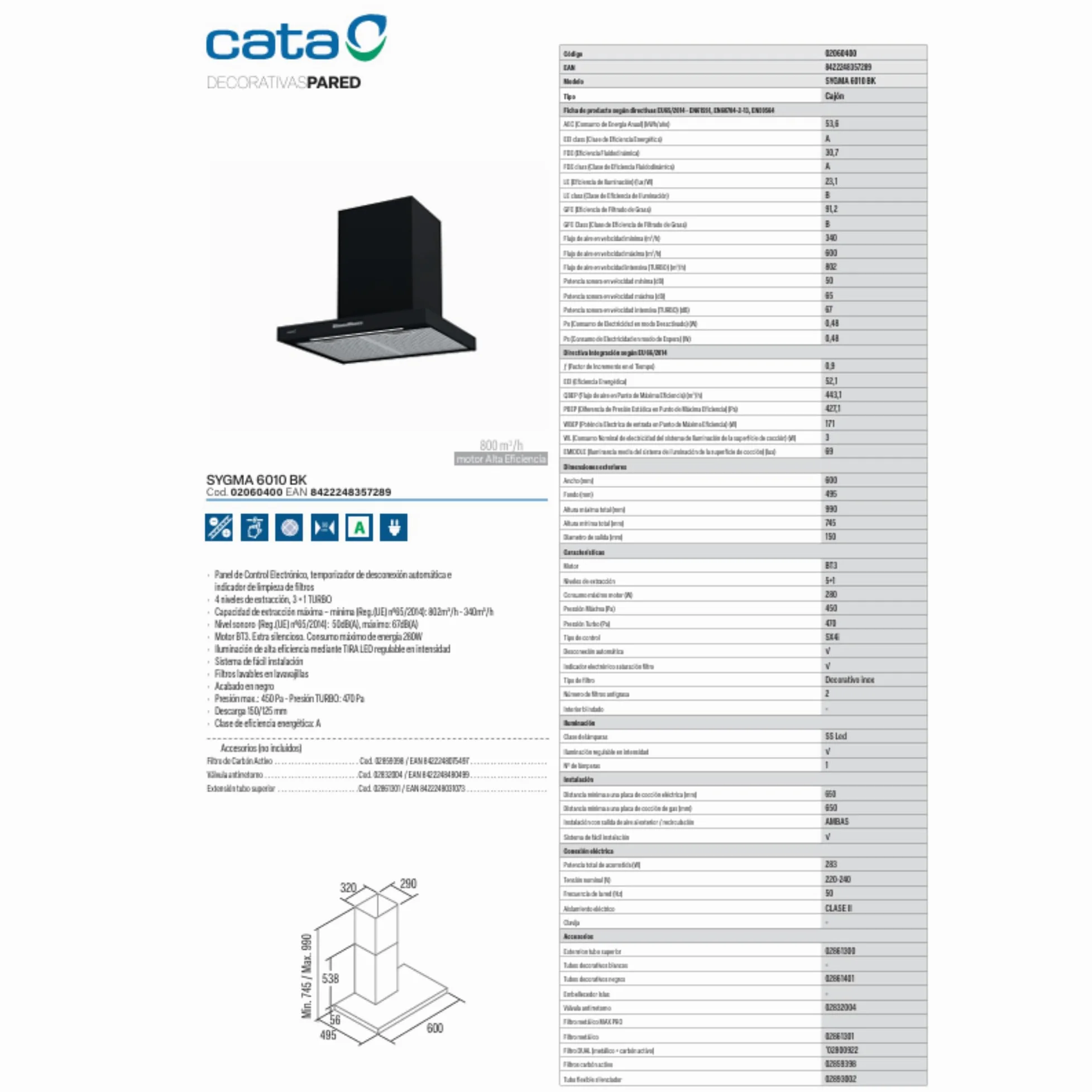 Cata Campana Sygma 6010 Extractora Decorativa de Pared, 802 m³/h, 4 Velocidades 3+1 Turbo, Control Electrónico, Temporizador, Tira LED Regulable, Clase A, Negro