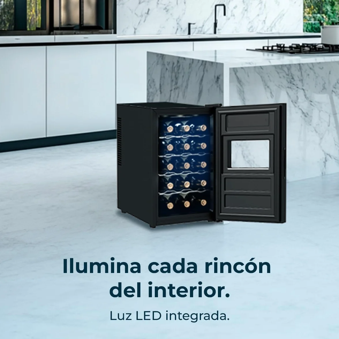 Cecotec Vinoteca Bolero GrandSommelier 1550 CoolCrystal. Bodega para 15 botellas, temperatura ajustable de 5-18ºC, enfriamiento termoeléctrico, silenciosa con 35 dB, panel táctil y LED eco-friendly.