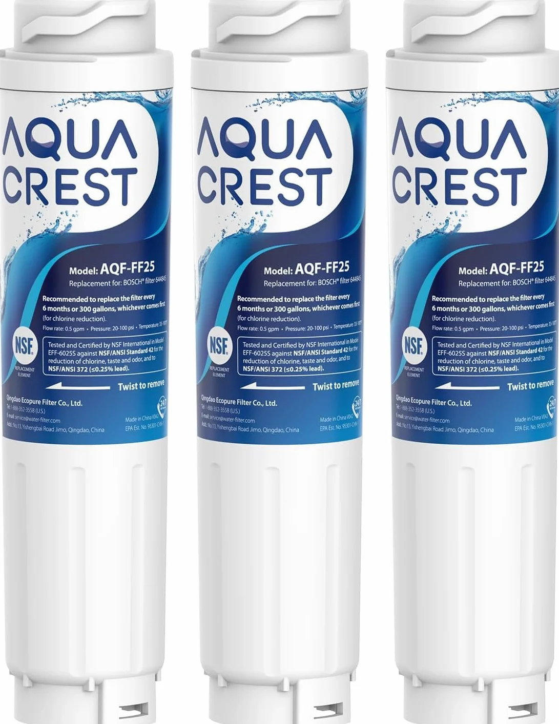 AQUACREST 644845 Filtros de Agua para Frigorífico, Compatible con Bosch UltraClarity 644845, 00740560, 740560, 00499850, 00649379, 9000194412, 9000077104, MIELE/Haier 0060820860, 0060218743 (3)