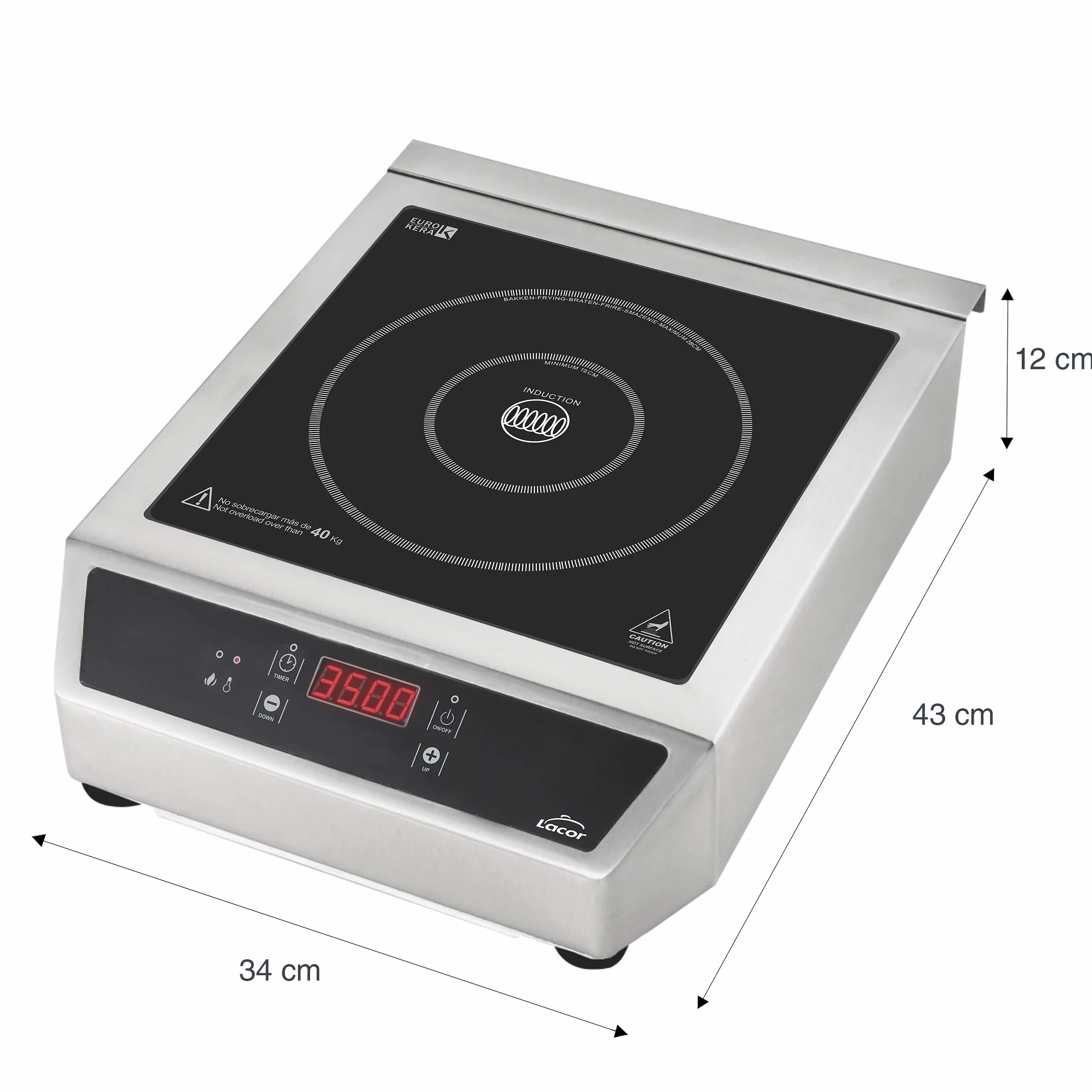 Lacor - 69132 - Placa Inducción Portátil, Superficie de Cristal, Control Táctil, 17 niveles de Potencia, Dos fuegos 12 y 28 cm, Sistema de seguridad IPX3, 3500W, 44 x 34 x 12 cm, Inox, Negro