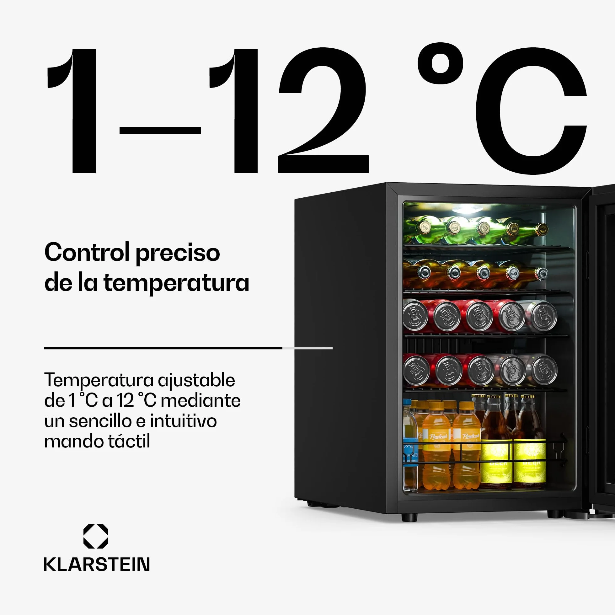 KLARSTEIN Nevera para bebidas Bevora 62 L – Nevera para bebidas con puerta de cristal, control táctil, iluminación LED, temperatura ajustable de 1 a 12 °C, 2 estantes