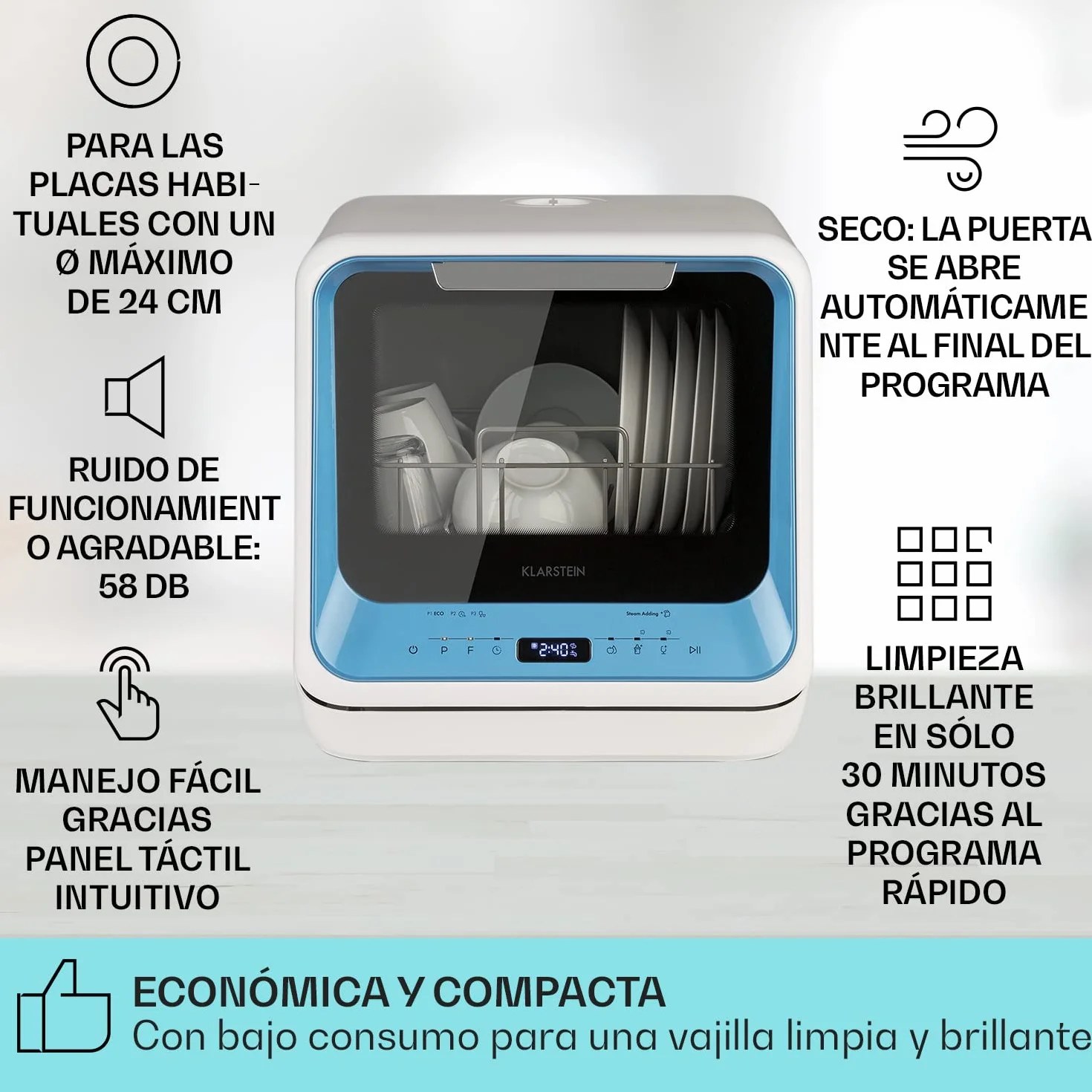 Klarstein Amazonia Mini Lavavajillas – Compacto, 7 Programas, 5L Depósito o Conexión Directa, Silencioso 58dB, Clase energética D, Pantalla Digital, Lavavajillas Portátil para Cocina Pequeña, Azul